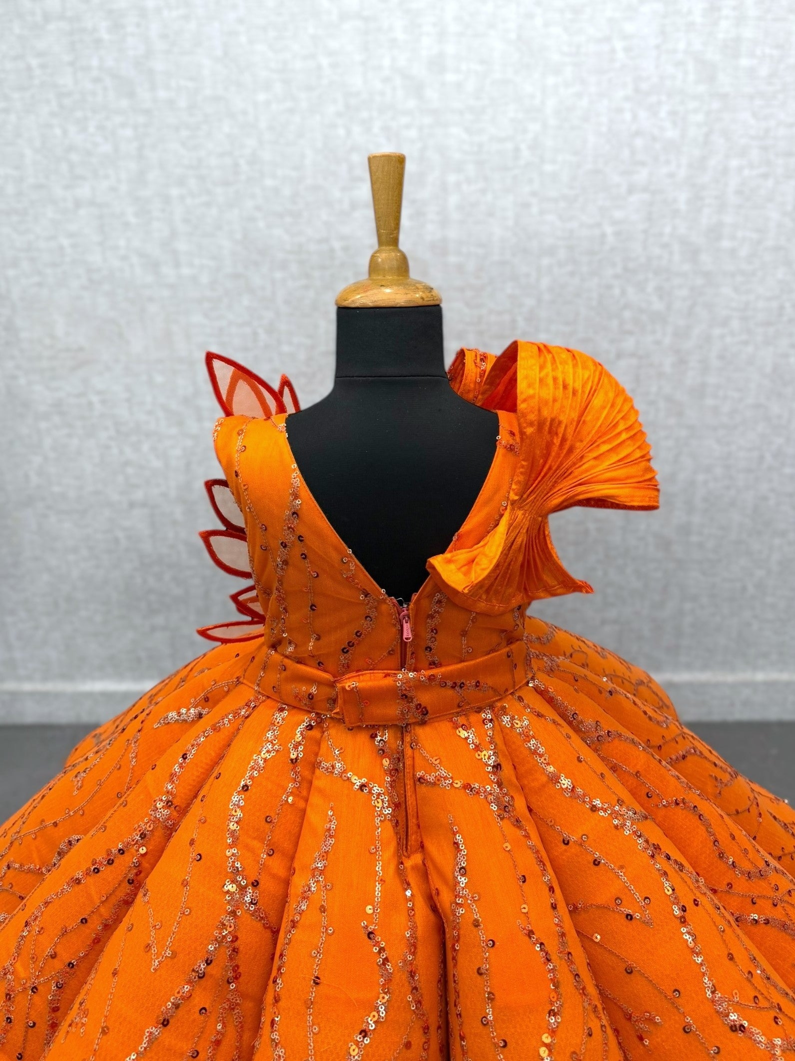 ORANGE Structured Panel Ball Gown with Embossing Bows and Hand Embroidered Petals