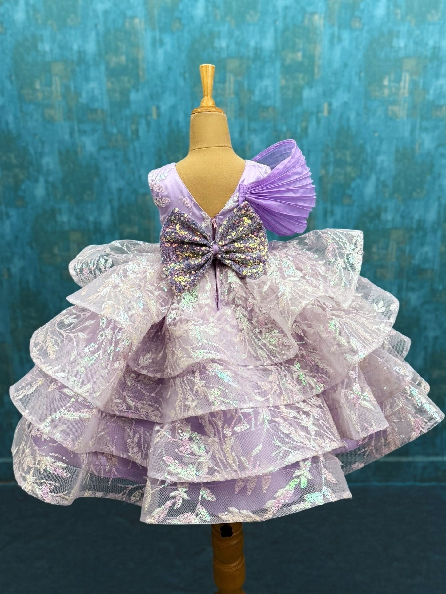 lavender Orchid Ruffle layer Dress with organza swirl top