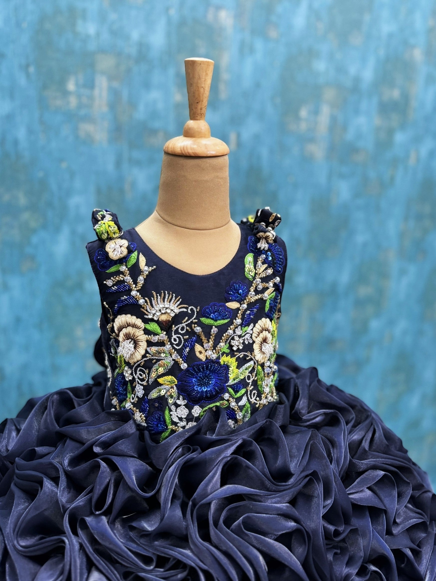 Midnight Bloom Royale Hand-Embroidered Rosette Princess Ball Gown