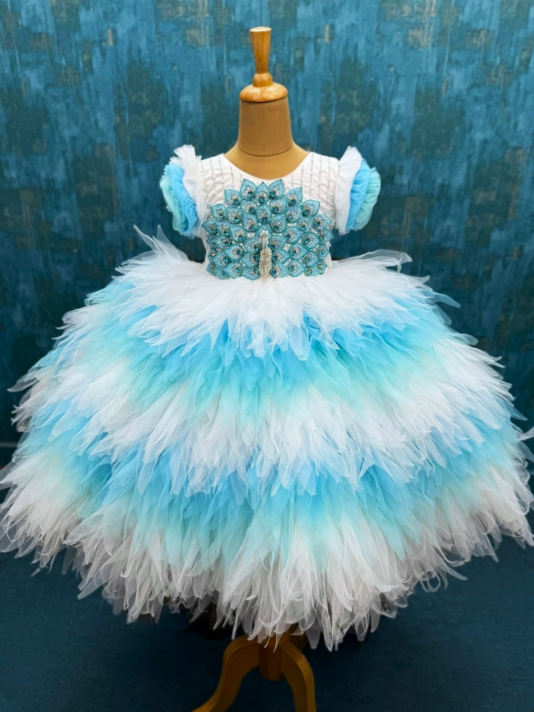 Peacock Dress For Girl Baby Ice Blue 5D Designer Peacock Feather Princess  Gown 3-4Y