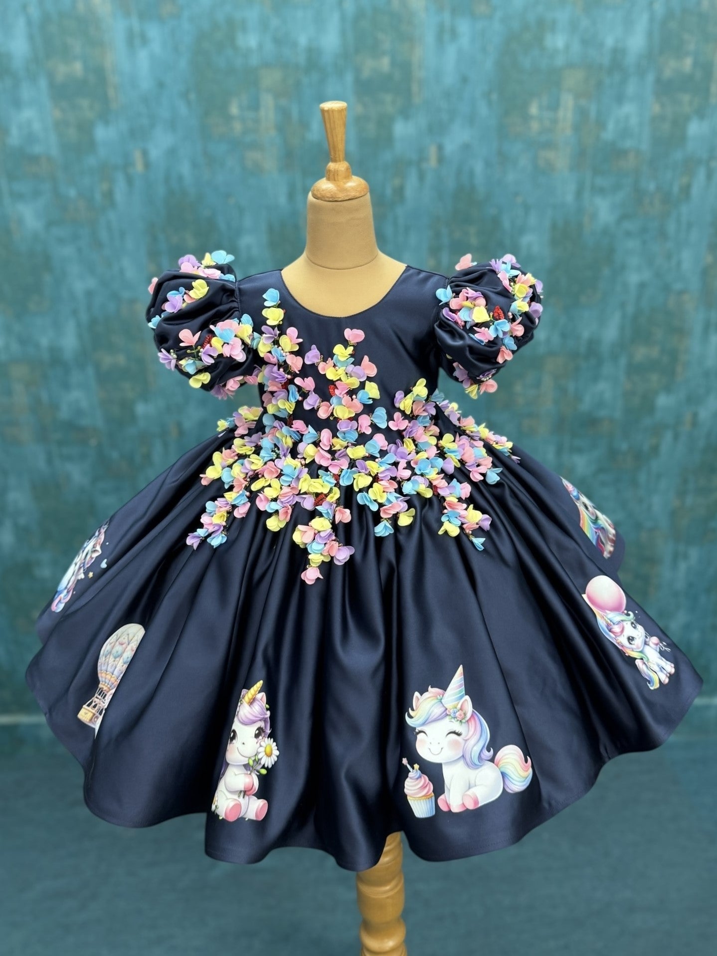 Kids Partywear Gown Online, Girls Navy Blue Unicorn Birthday Dress