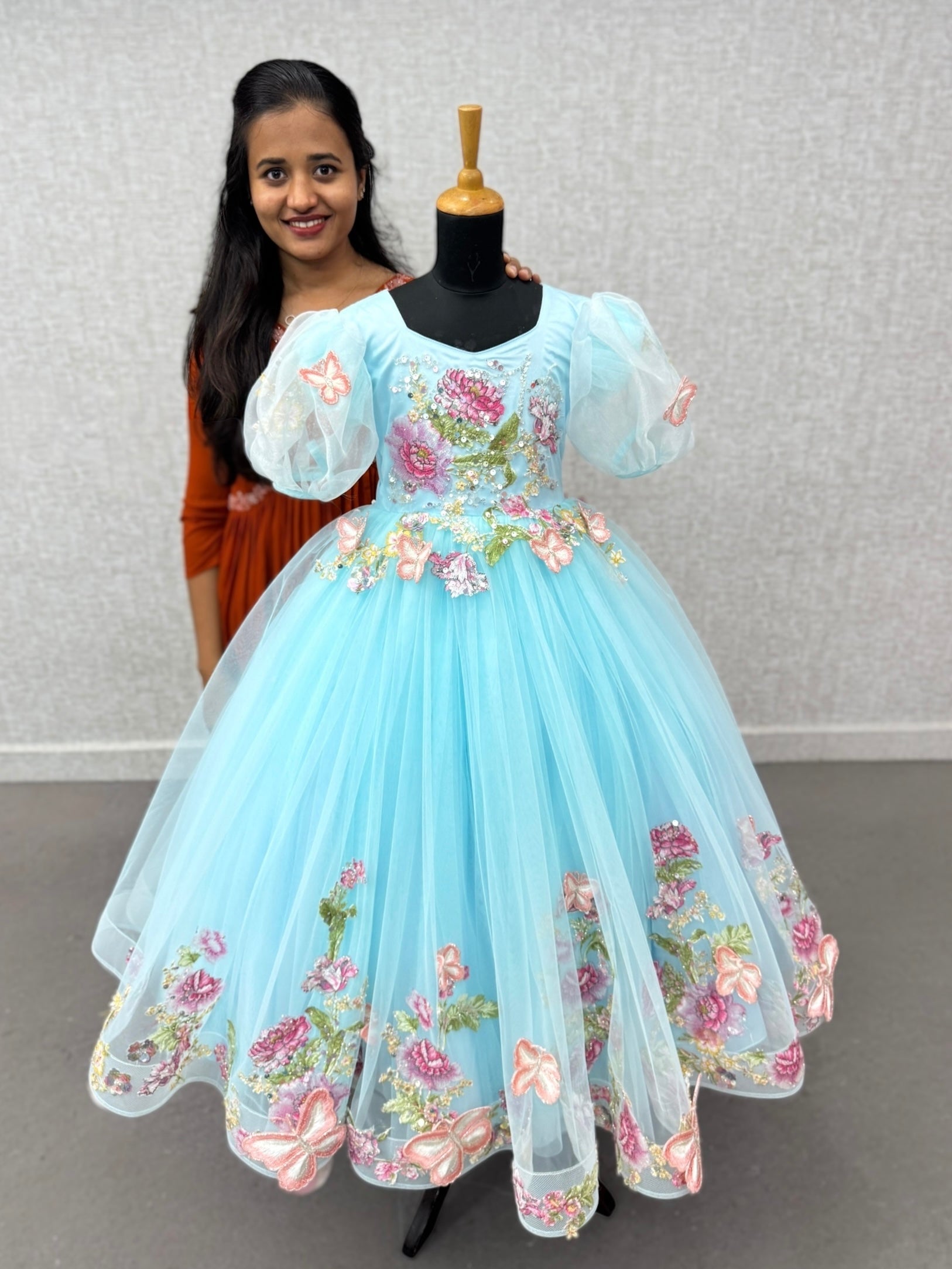Girls Party Wear Online, Light Blue Puff Sleeve Ball Gown