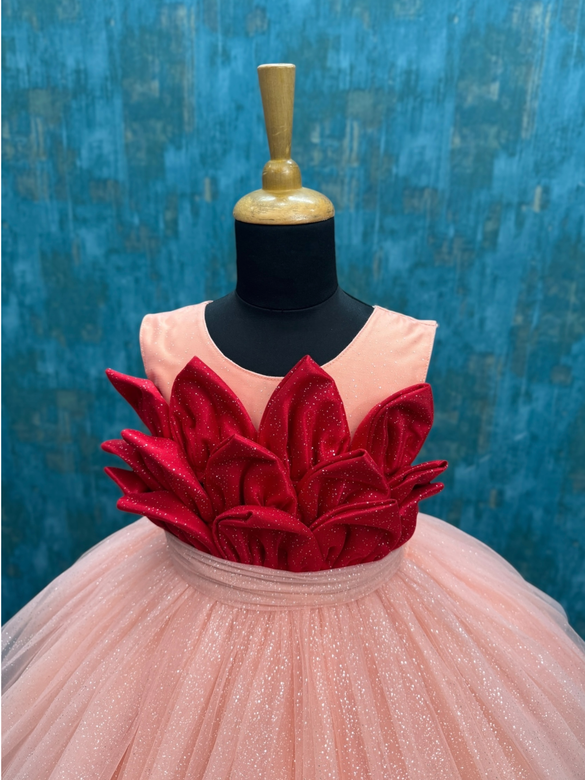 Scarlet Blossom Embrace Soft Peach Shimmer Tulle Couture Princess Dress