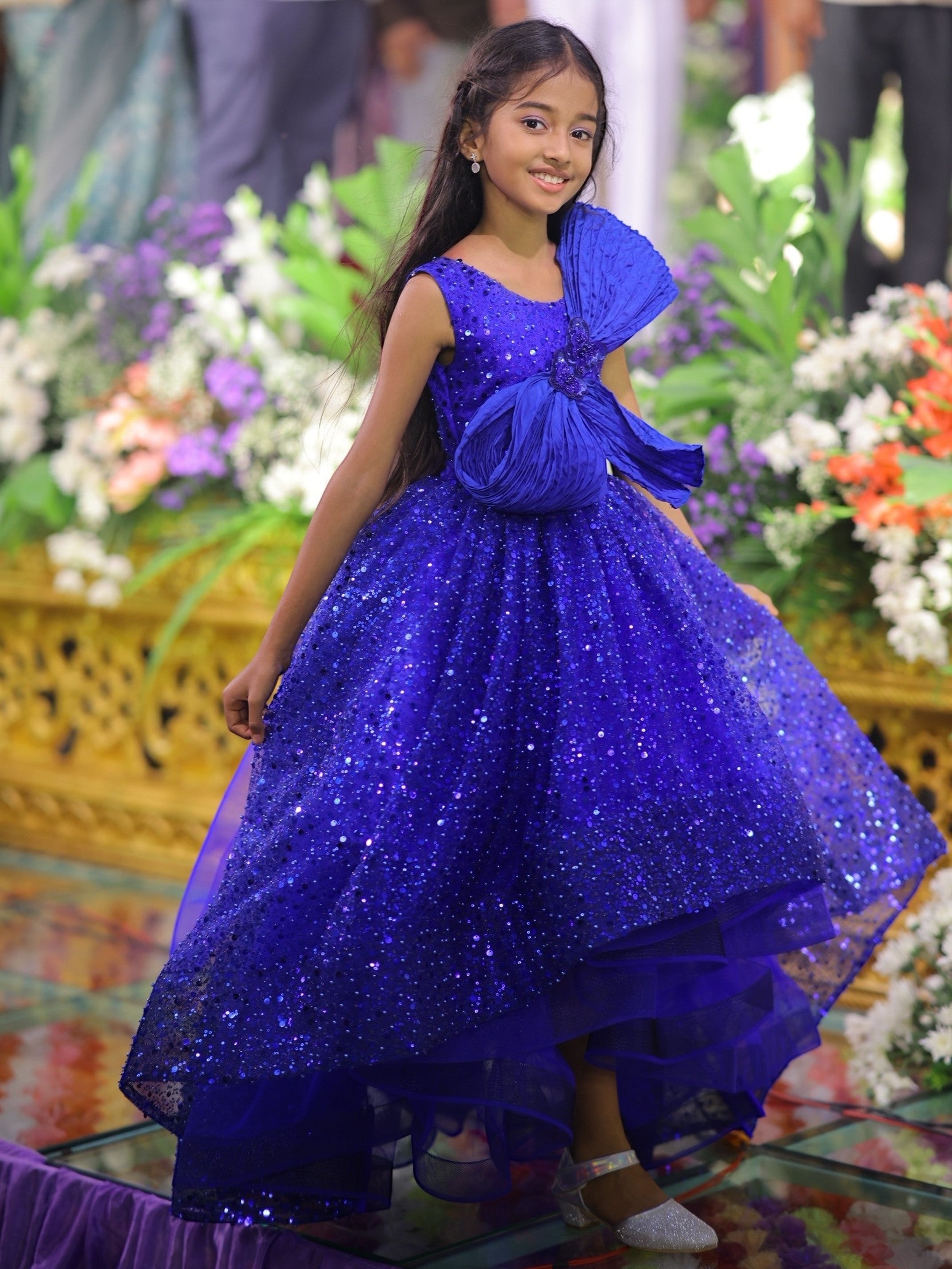 Midnight Blue Star fall Crystal Grand Bow Princess Ball Gown