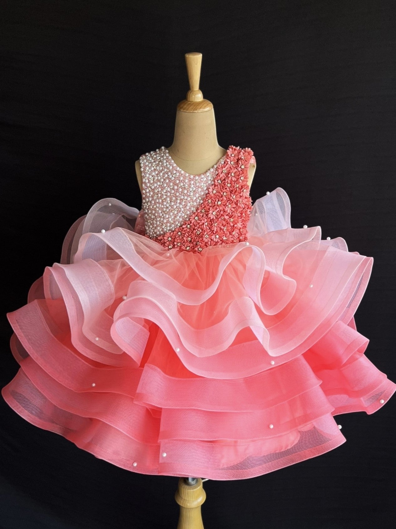 Coral Ombre Layer Ball gown With Intricate Pearl and Crystal Handwork