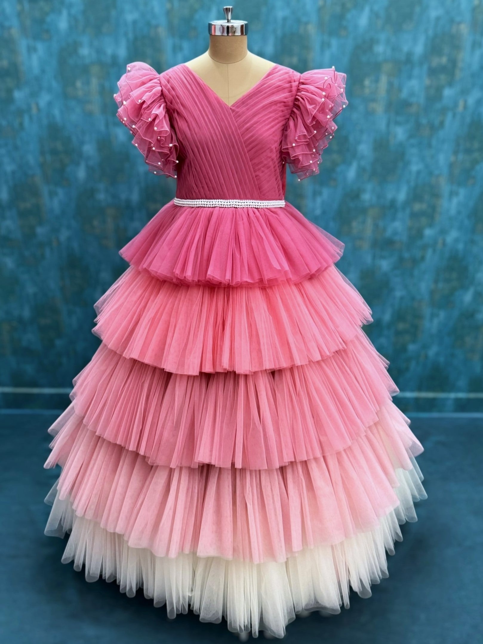 Blushing Peony Cascade Ruffle-Layer Fairy Couture Dress