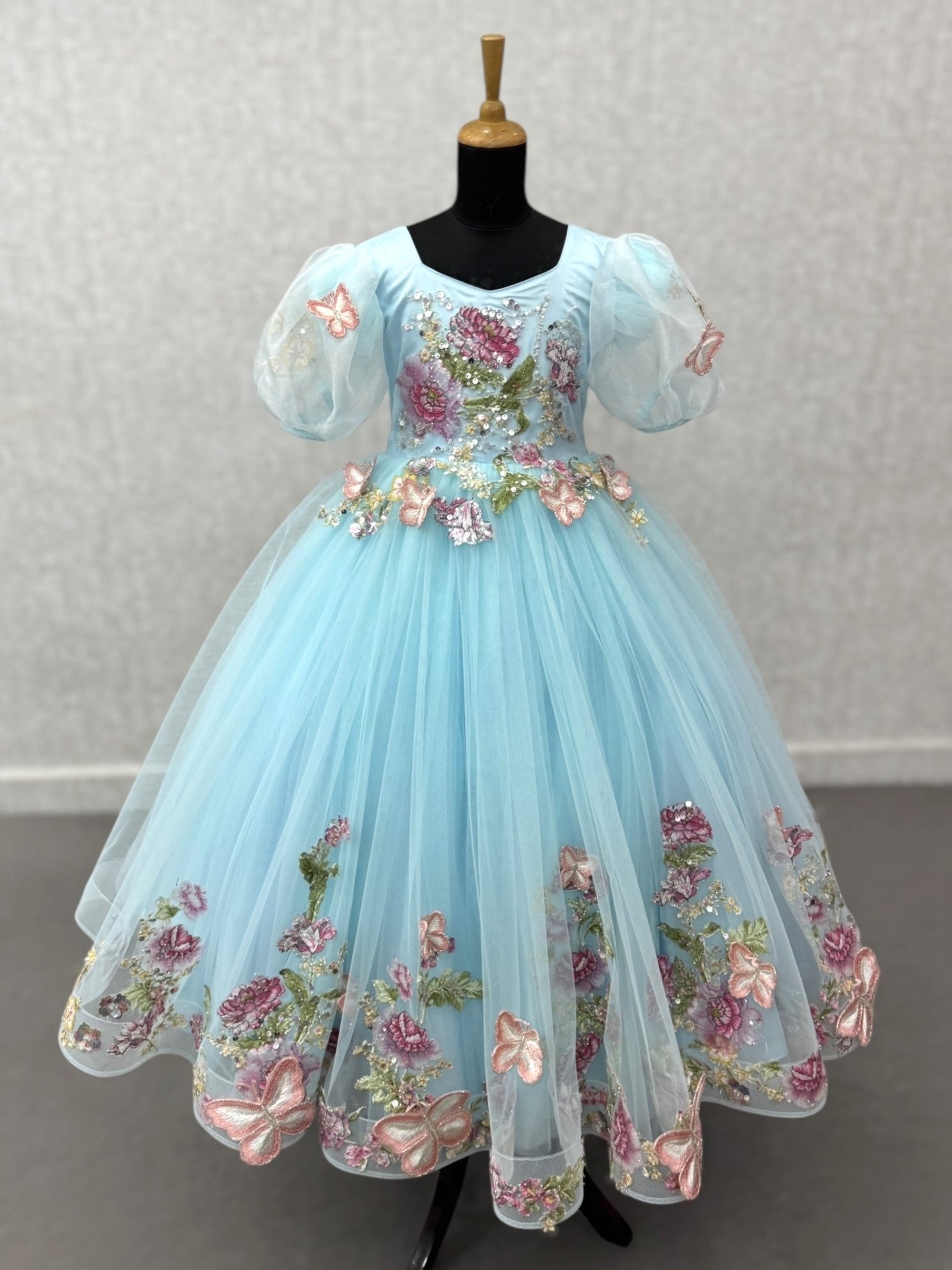 Girls Party Wear Online, Light Blue Puff Sleeve Ball Gown
