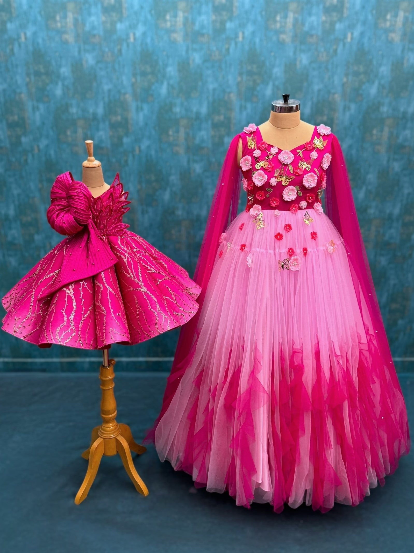 Buy Hot Pink Gown Online, Hot Pink Designer Mom & Daughter Gown