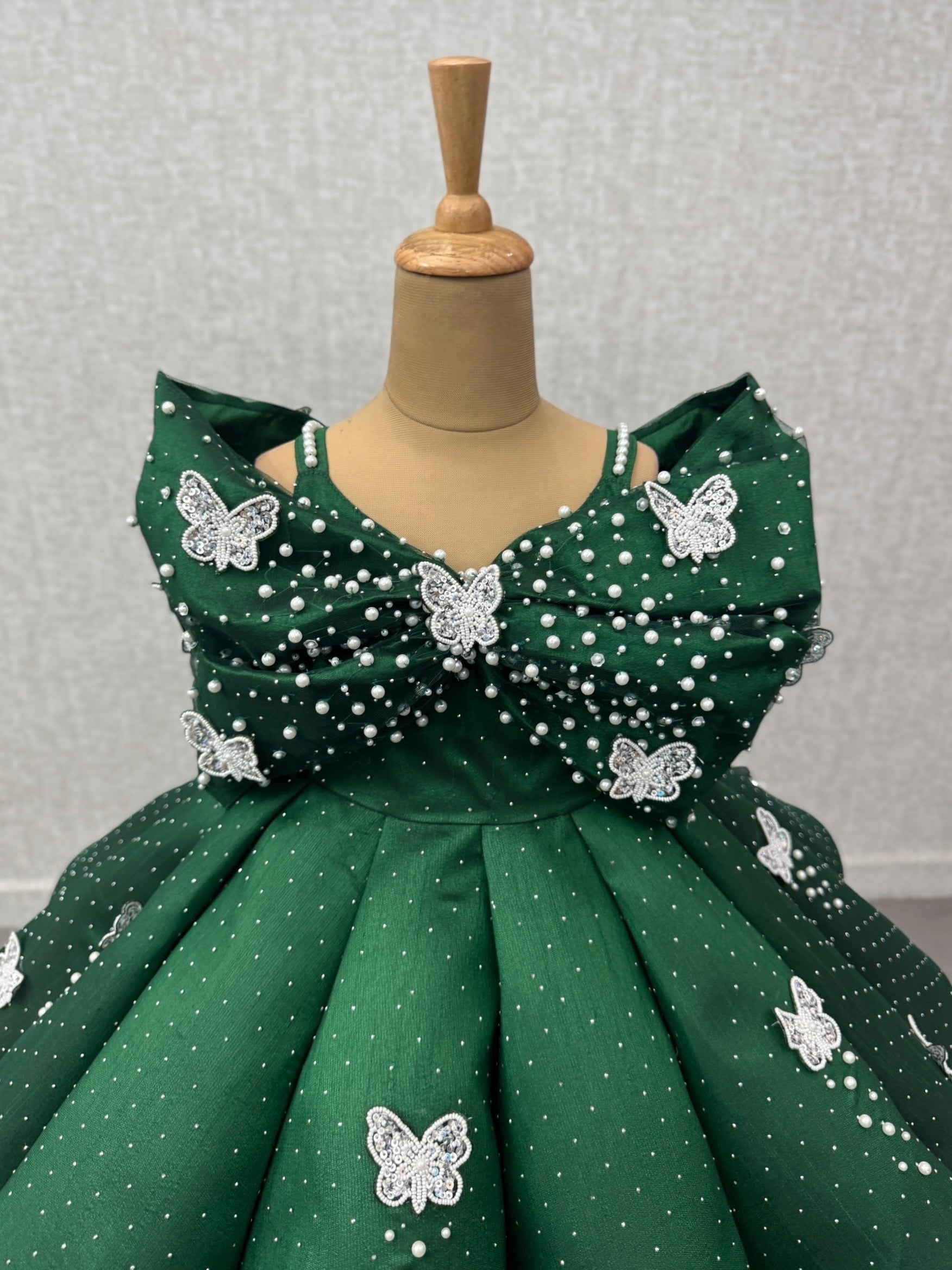 Royal Green Butterfly Pearl-Studded Silk-Textured Party Princess Ball Gown