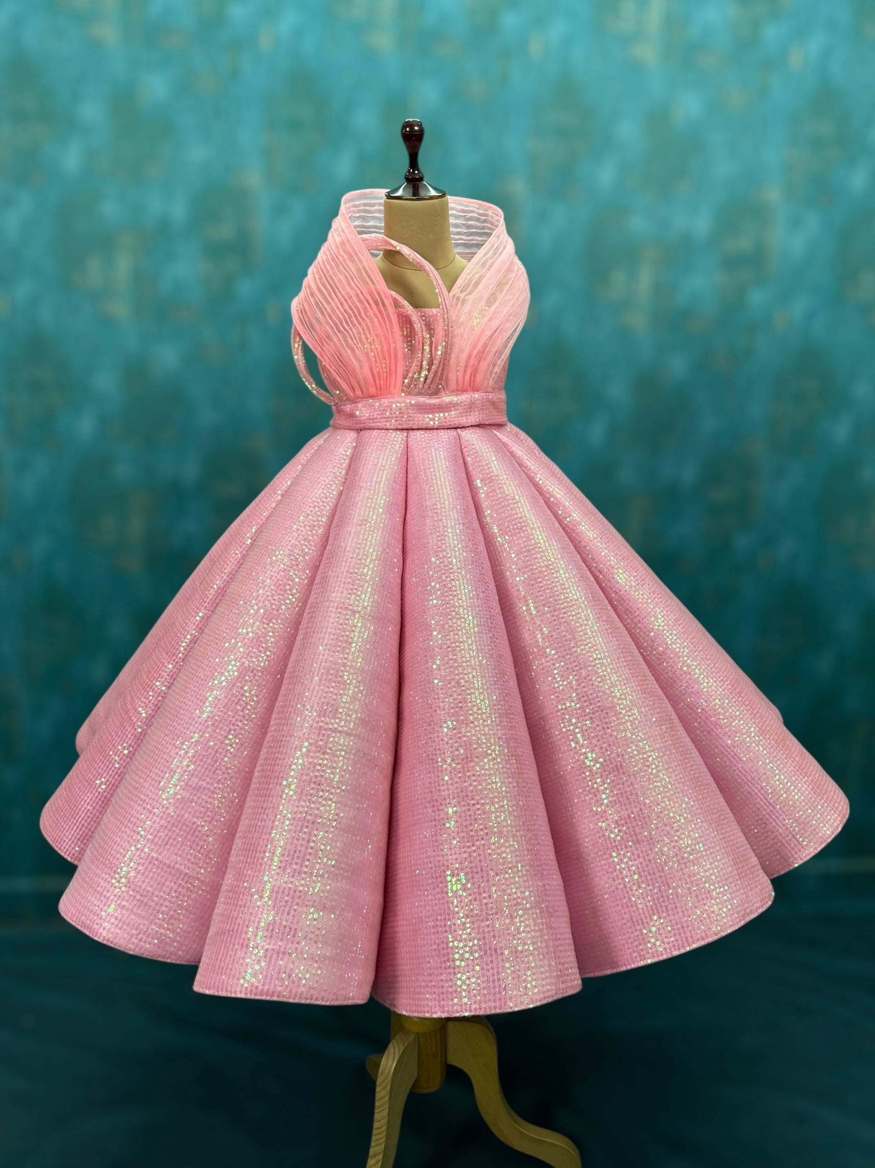 pink rainbow sequenced panel ball gown with structured detachable belt