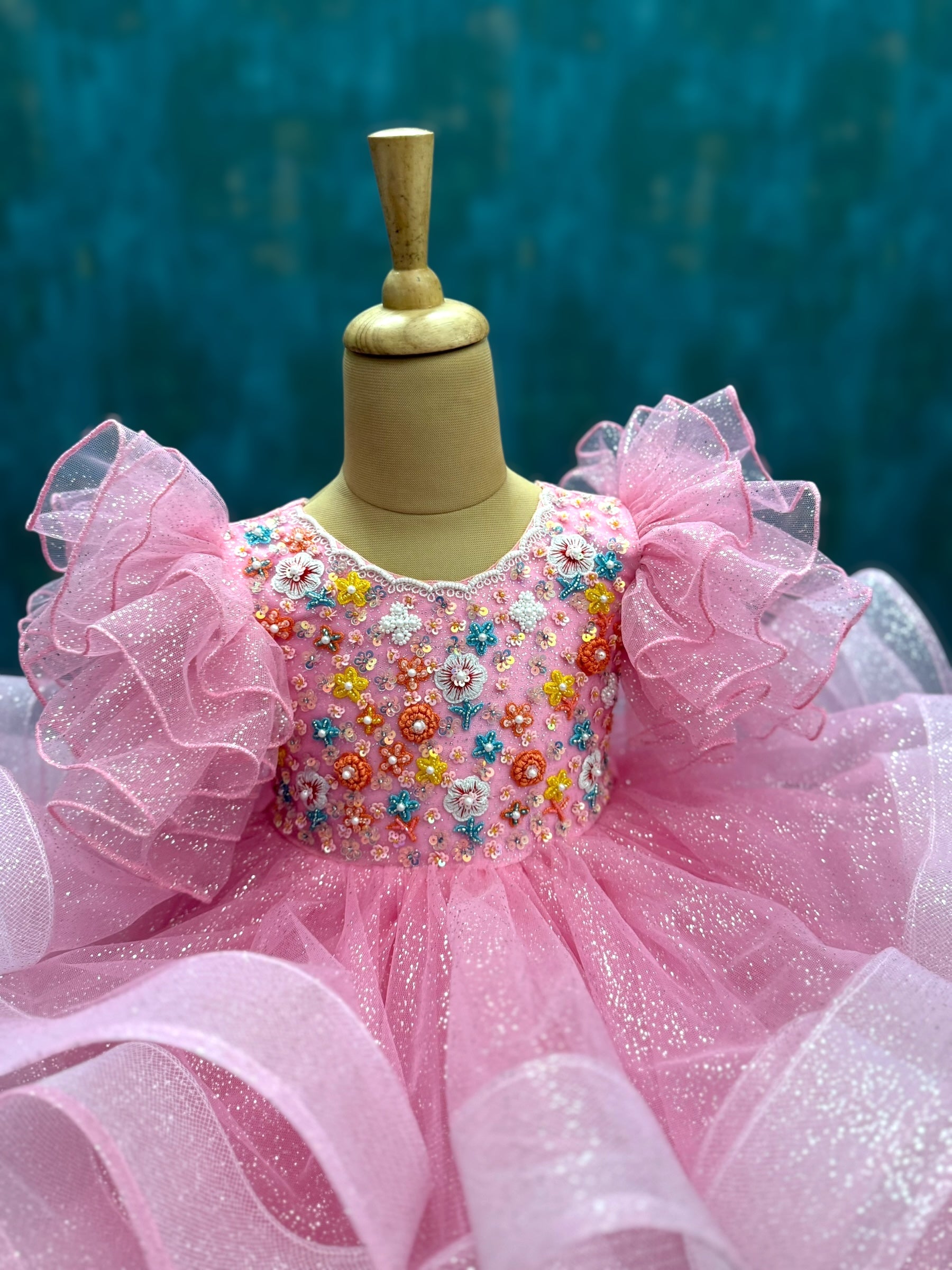Pink Glitter Ruffle Ball Gown With Intricated Hand Work