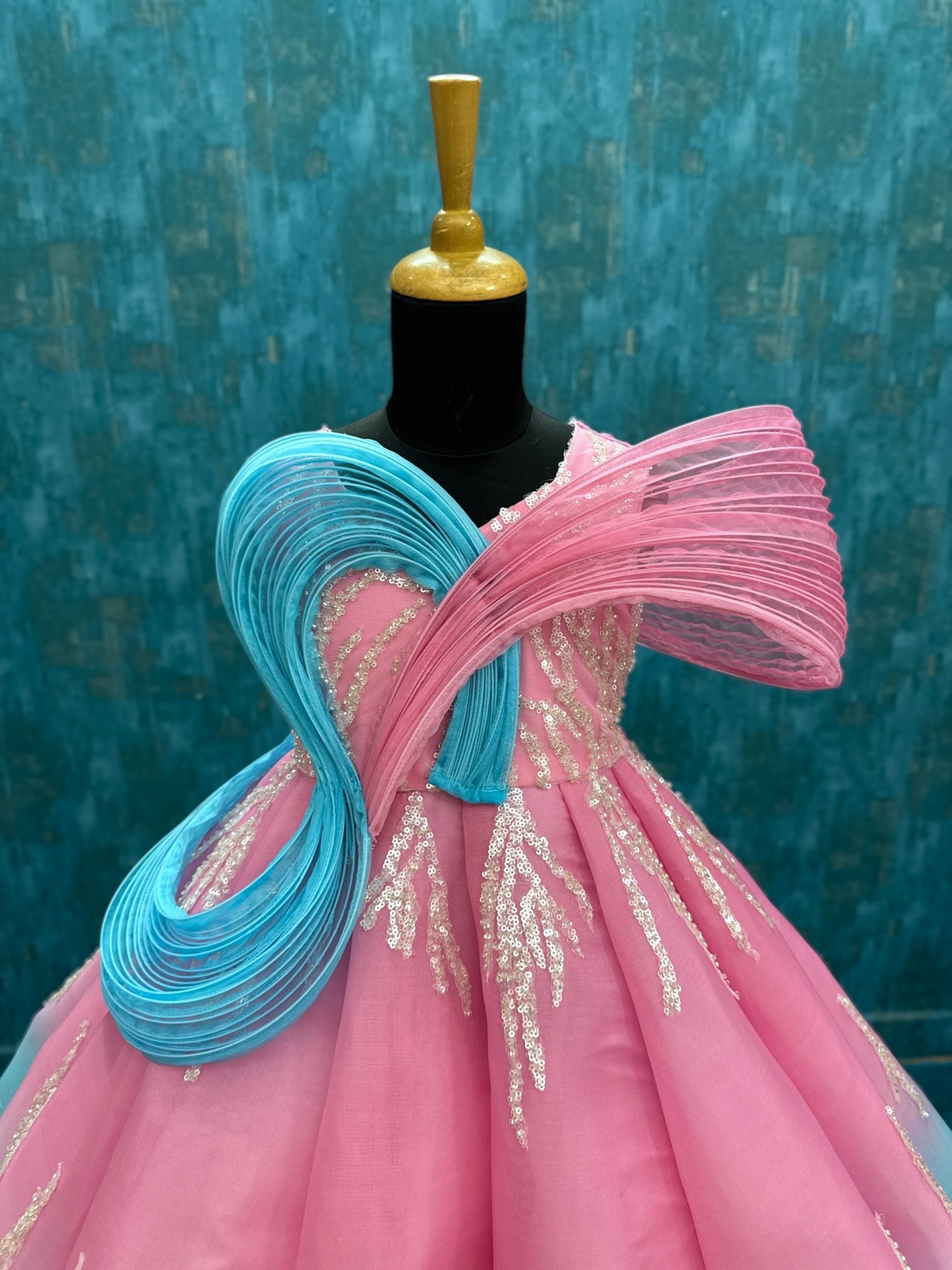 Designer Gown for Girl Online, Pink & Blue Ombre Sculptural Ball Gown