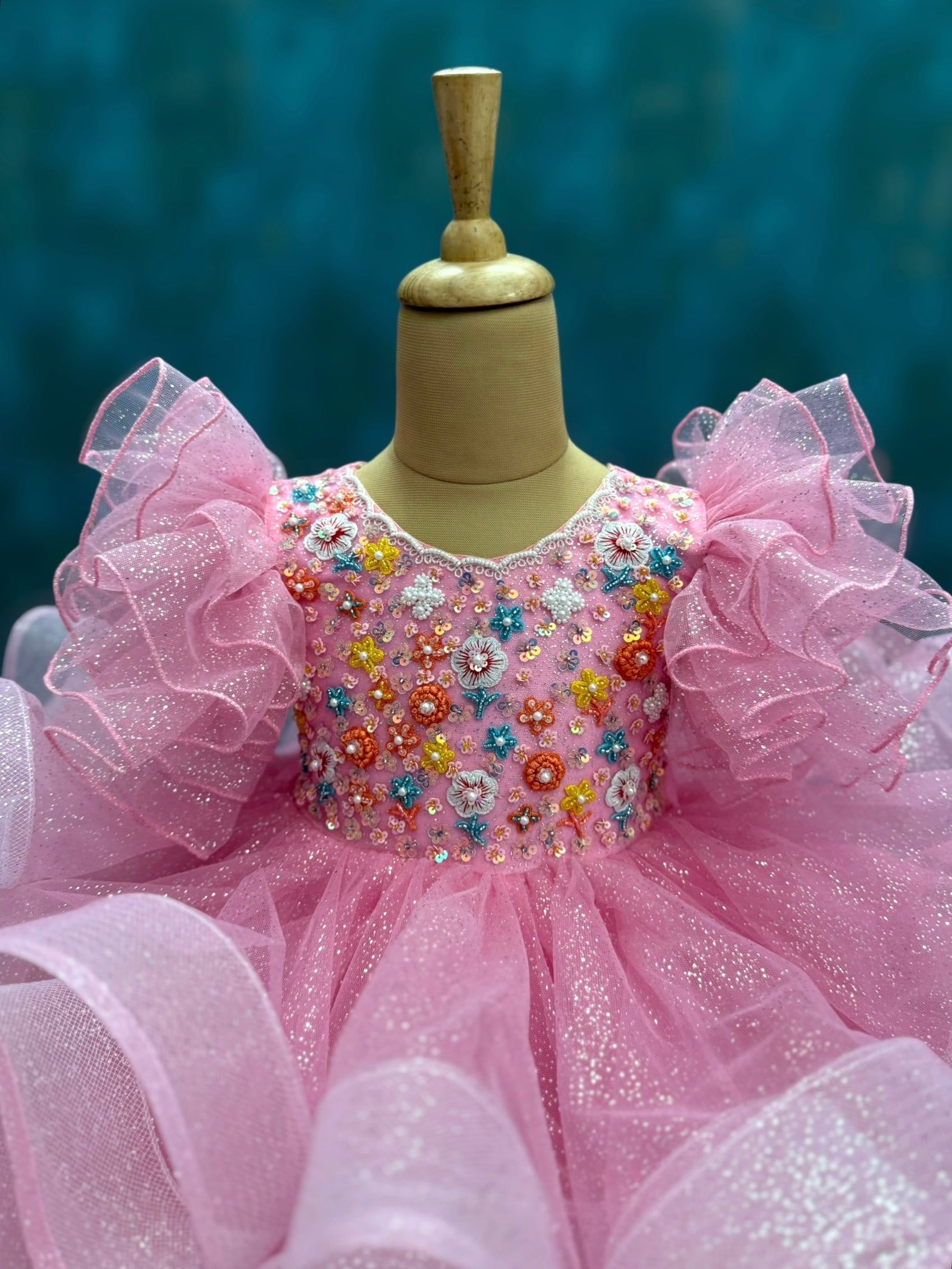 Pink Glitter Ruffle Ball Gown With Intricated Hand Work