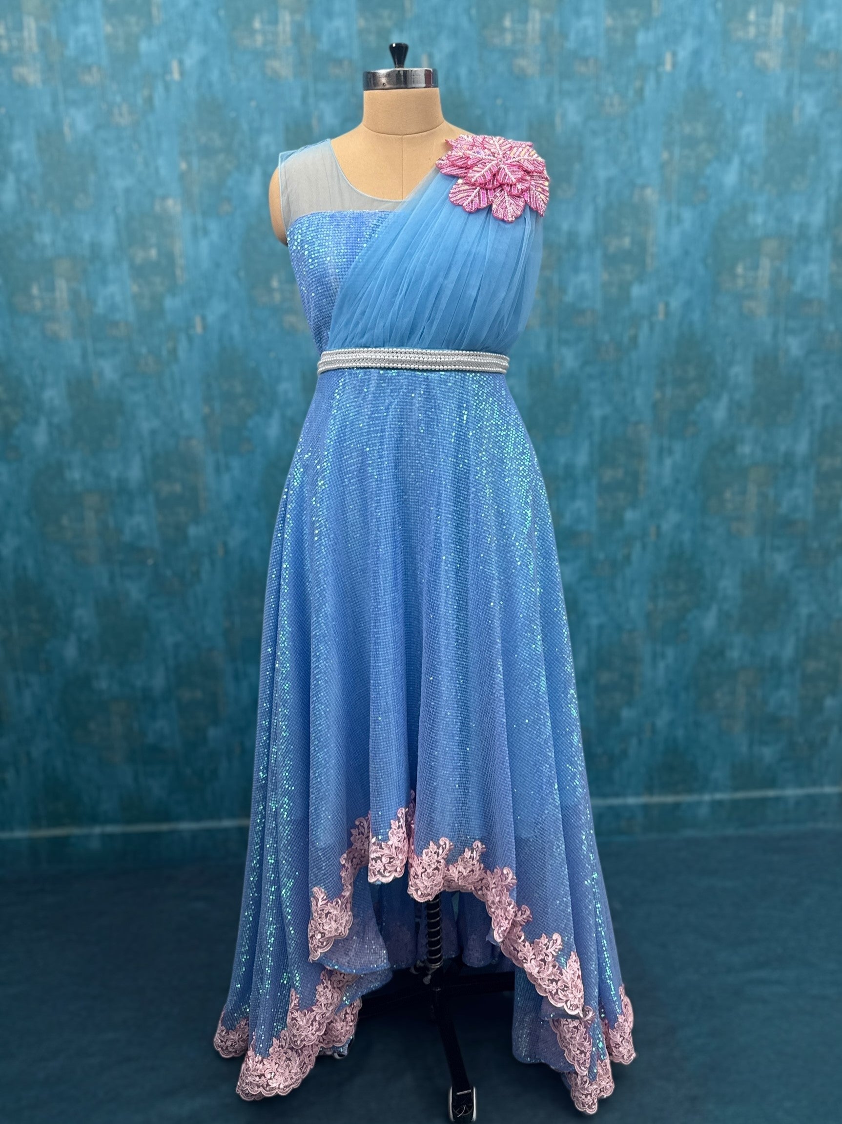 Azure Moonbeam Blossom Hand-Embroidered Sequin Tulle Couture Princess Dress