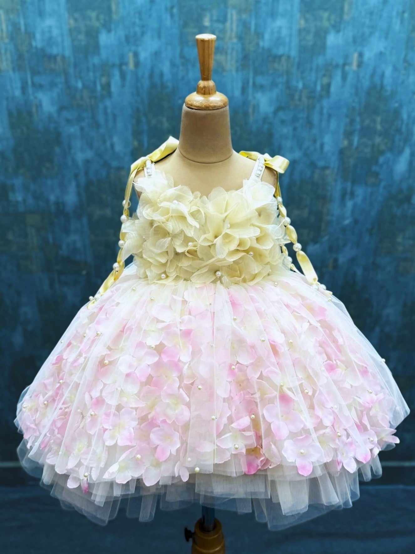 Buttercream high low Bloom Dress with 3d flowers