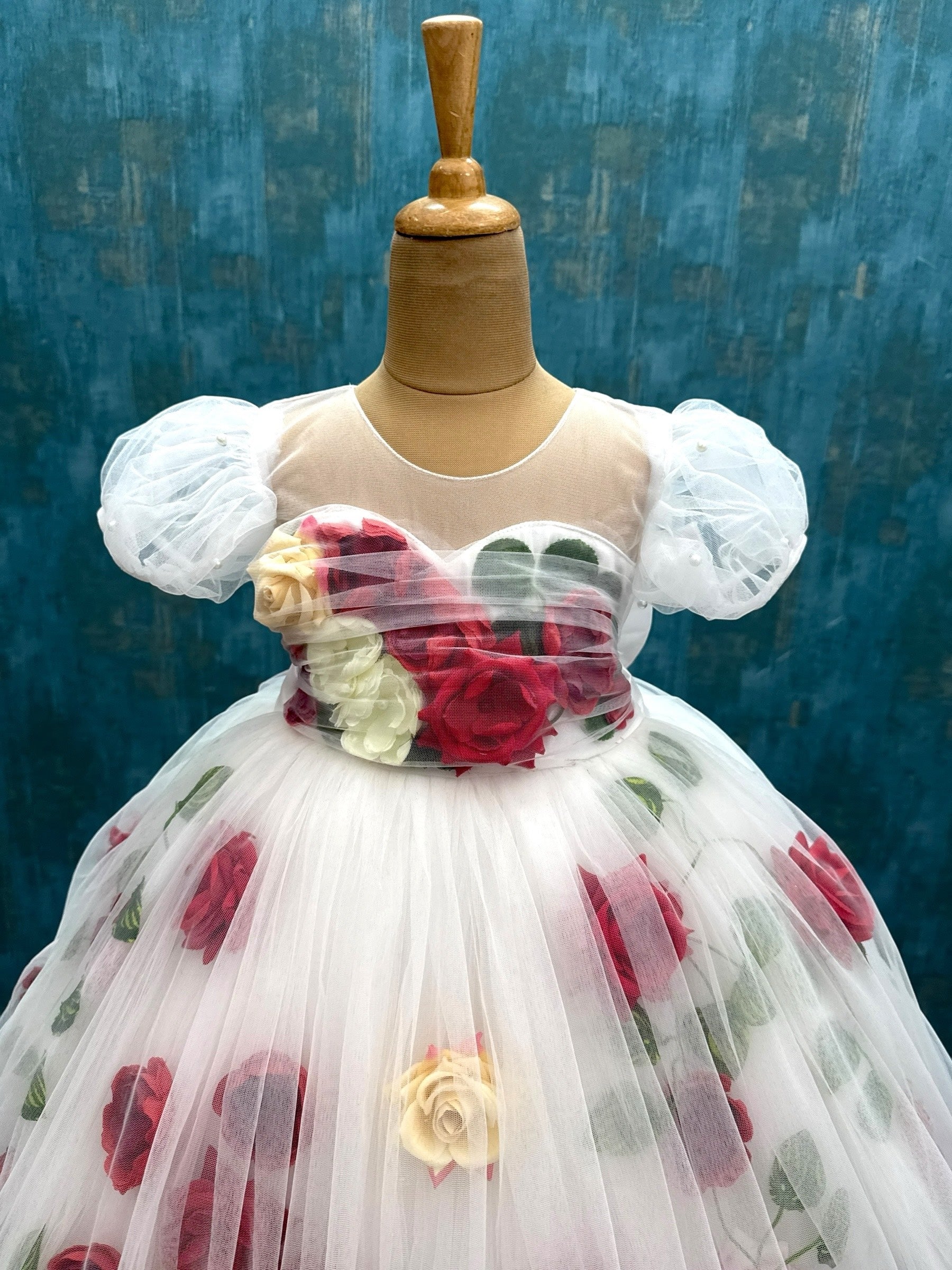 White Floral Embossing Ball Gown With Puff Sleeves