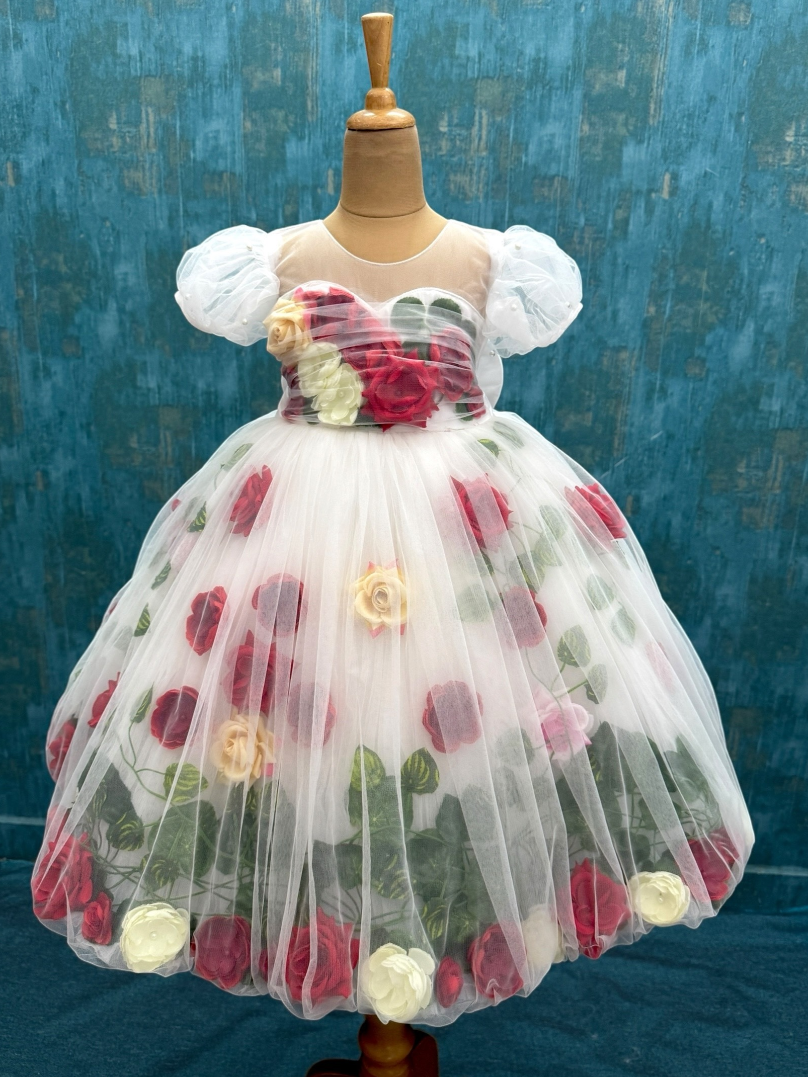 White Floral Embossing Ball Gown With Puff Sleeves