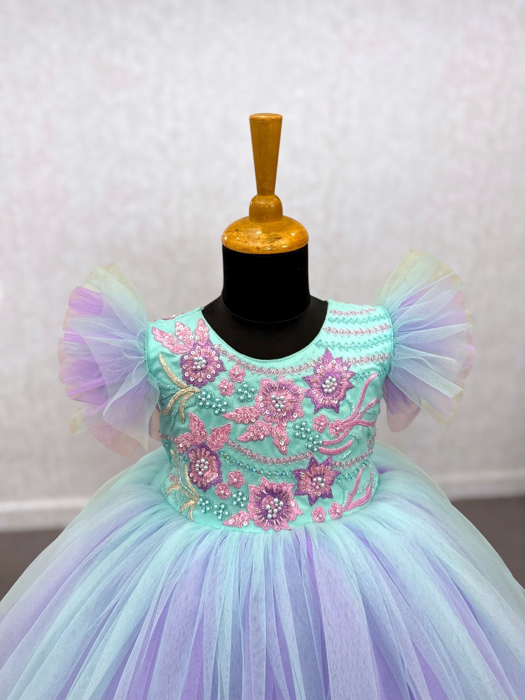 Turquoise and Lavender Tulle Floral Gown with intricate hand work