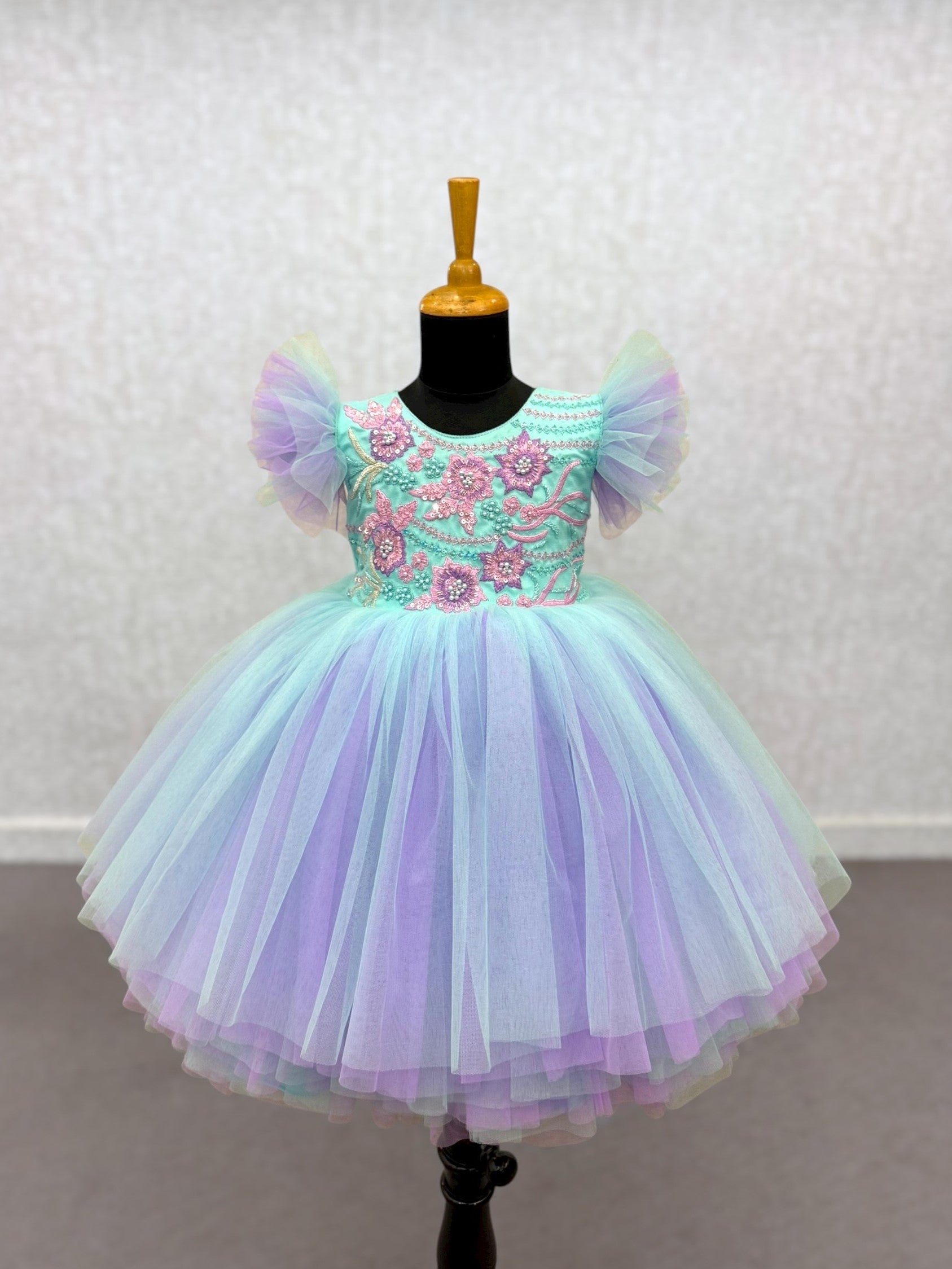 Turquoise and Lavender Tulle Floral Gown with intricate hand work