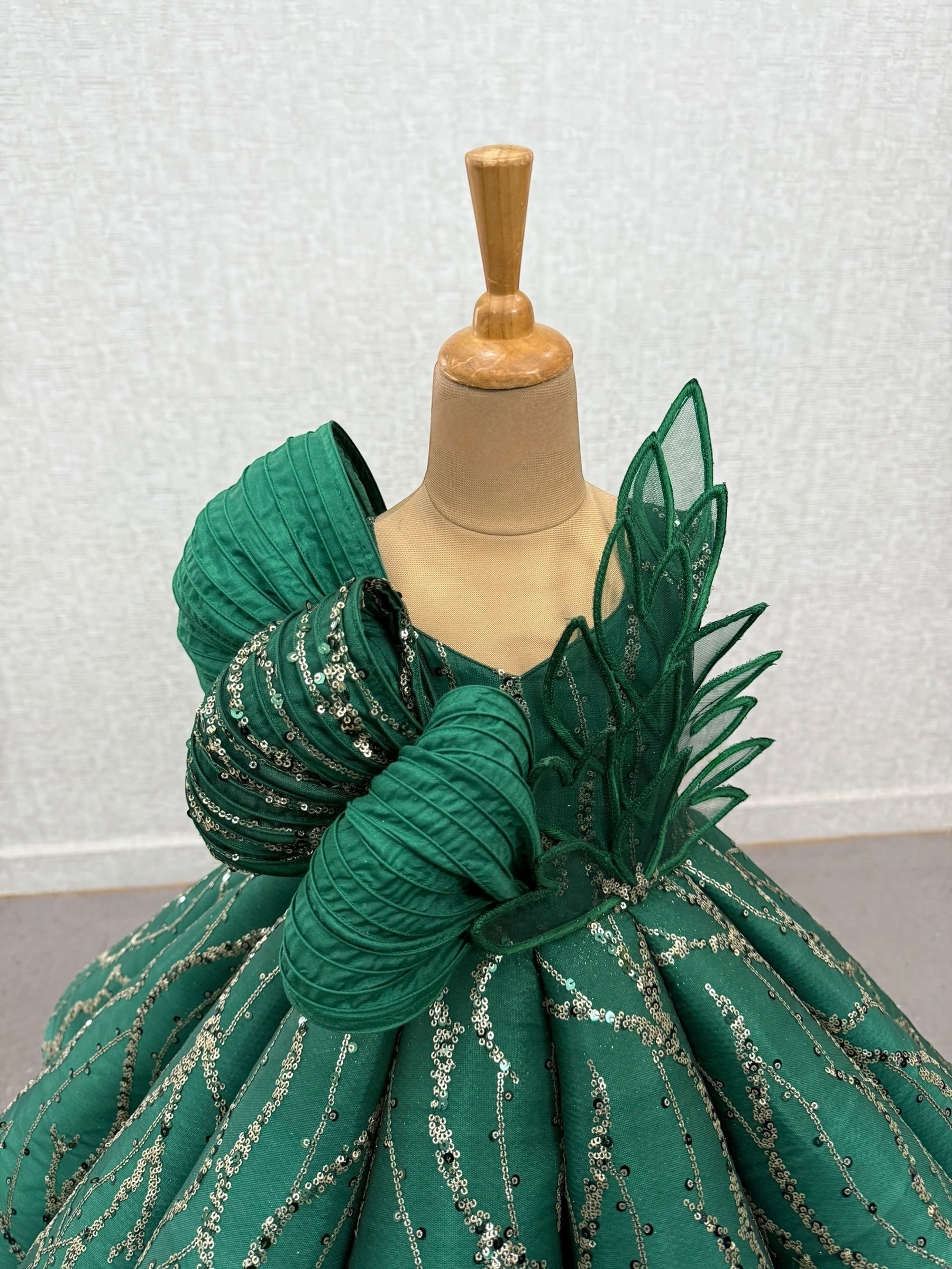 Green Ombre Structured Panel Ball Gown with Embossing Bows and Hand Embroidered Petals