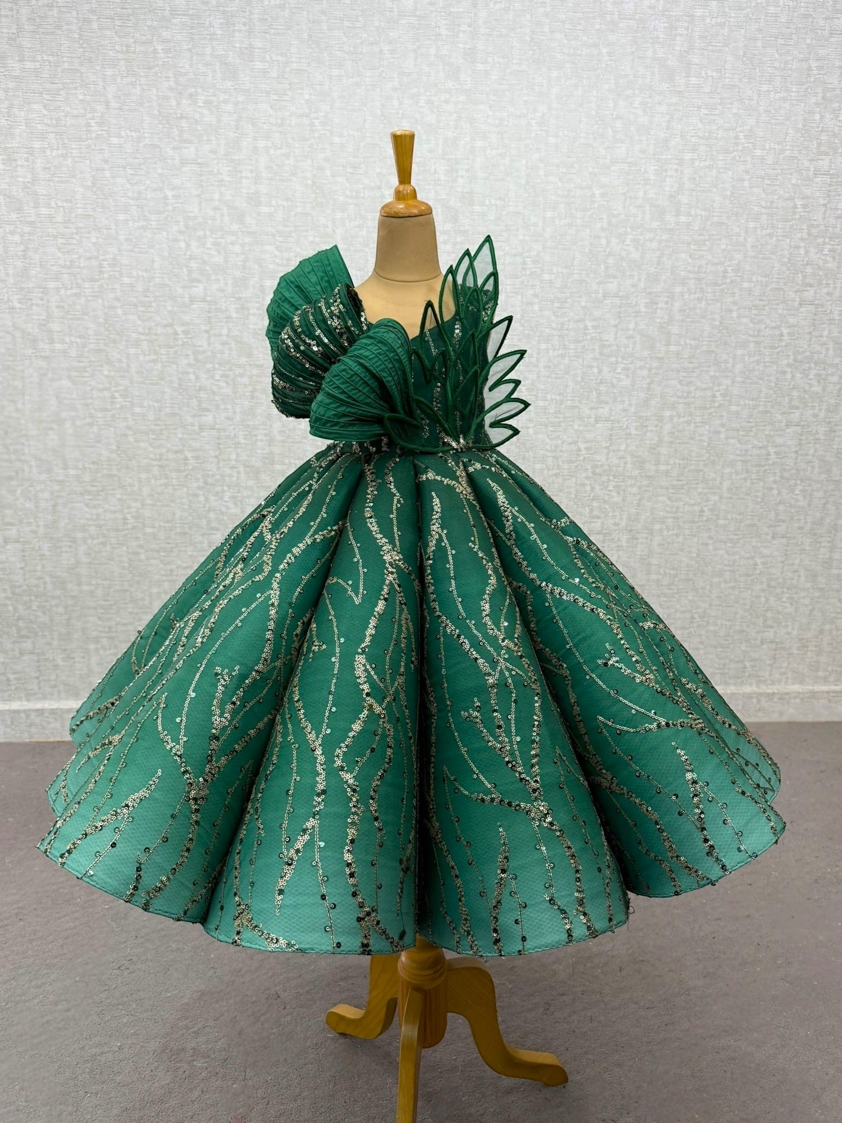 Green Ombre Structured Panel Ball Gown with Embossing Bows and Hand Embroidered Petals
