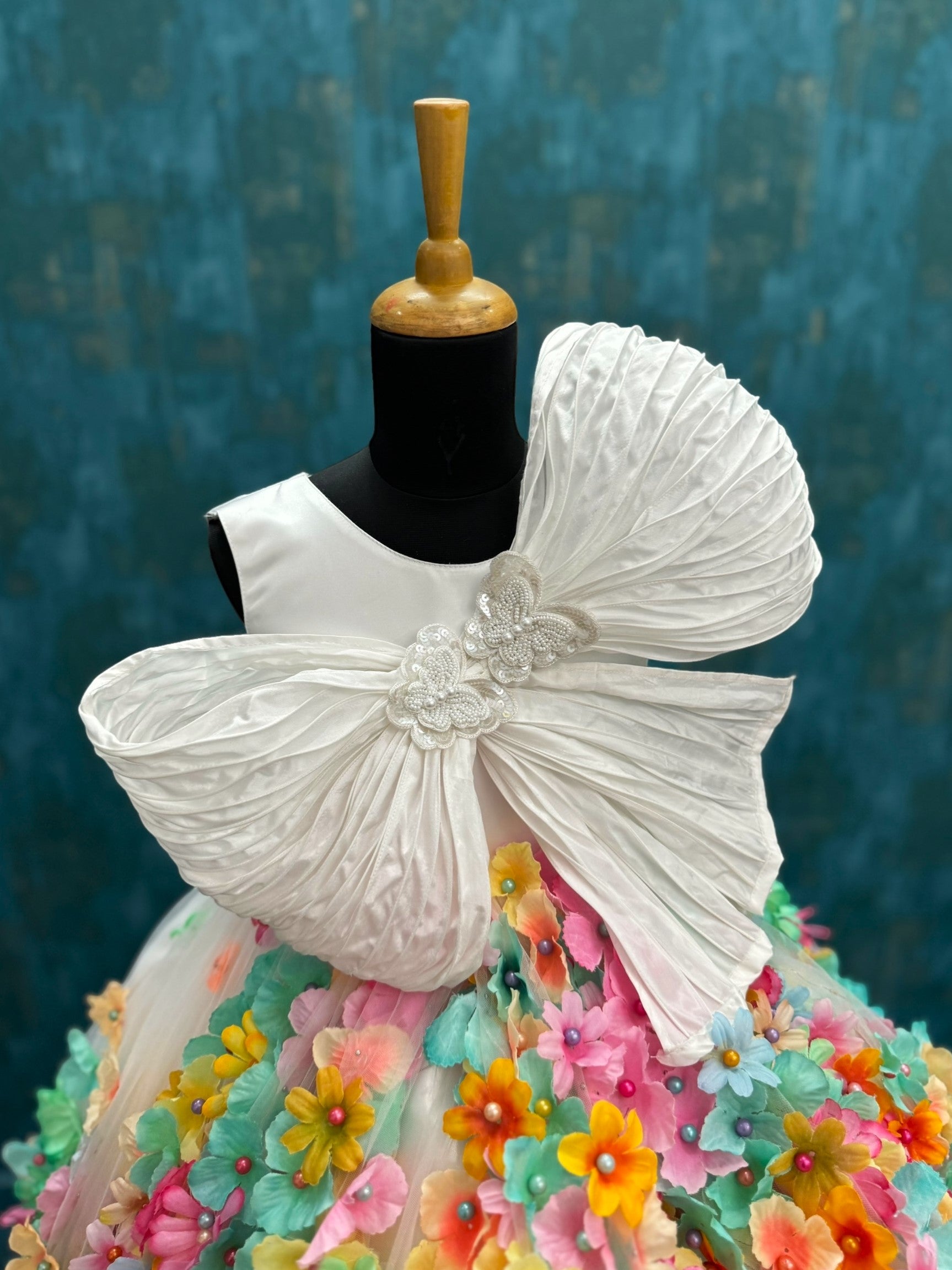 Multi Colour High Low Floral Gown With Structured Bow Top