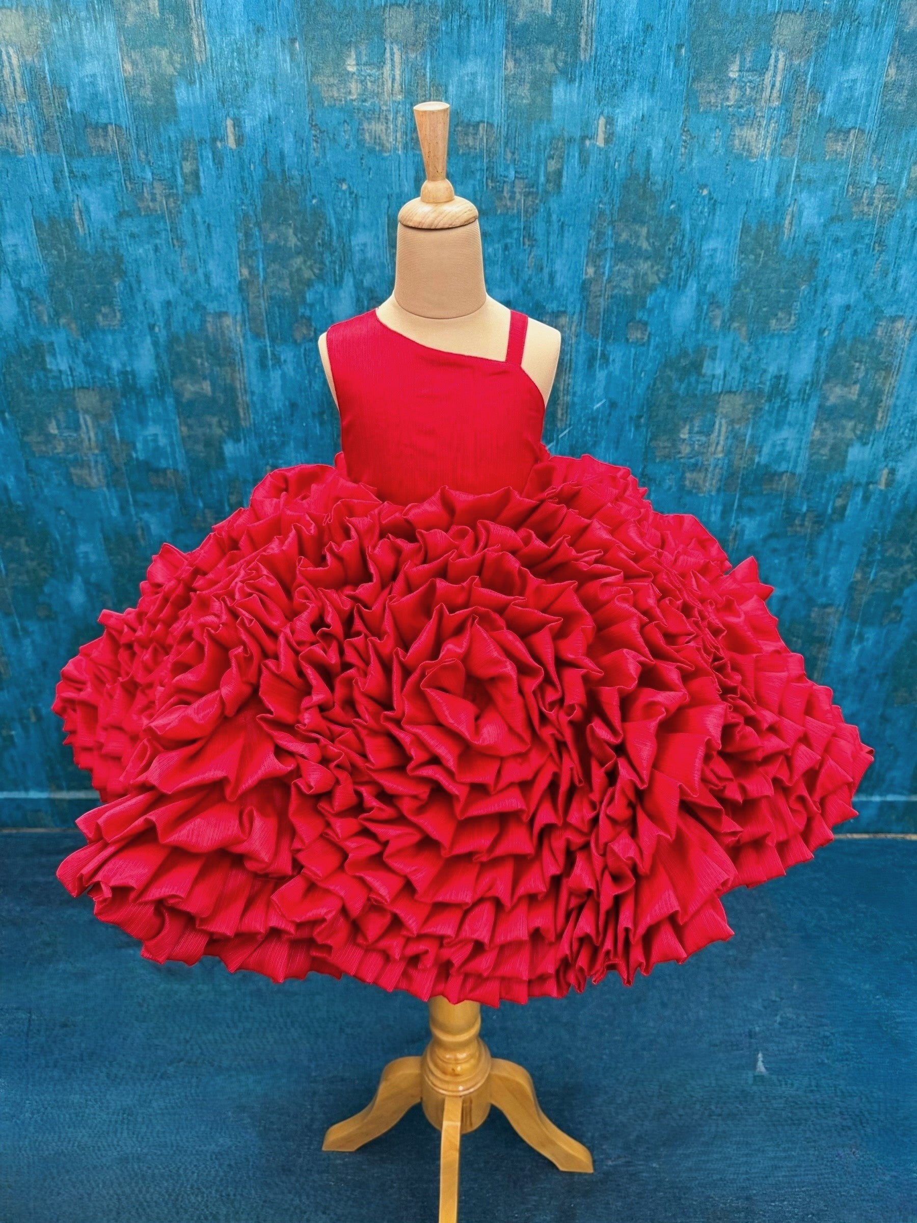 RED EMBOSSED RAW SILK FLORAL KNEE LENGTH GOWN