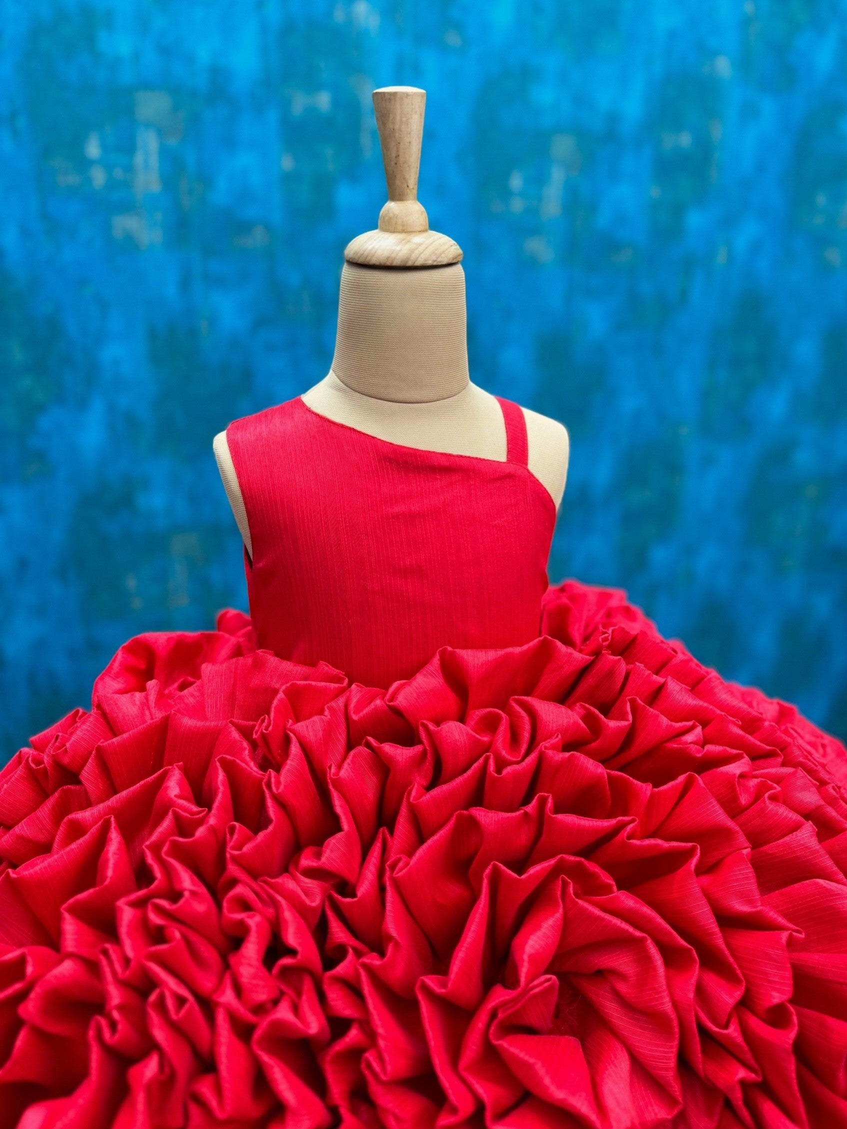 RED EMBOSSED RAW SILK FLORAL KNEE LENGTH GOWN