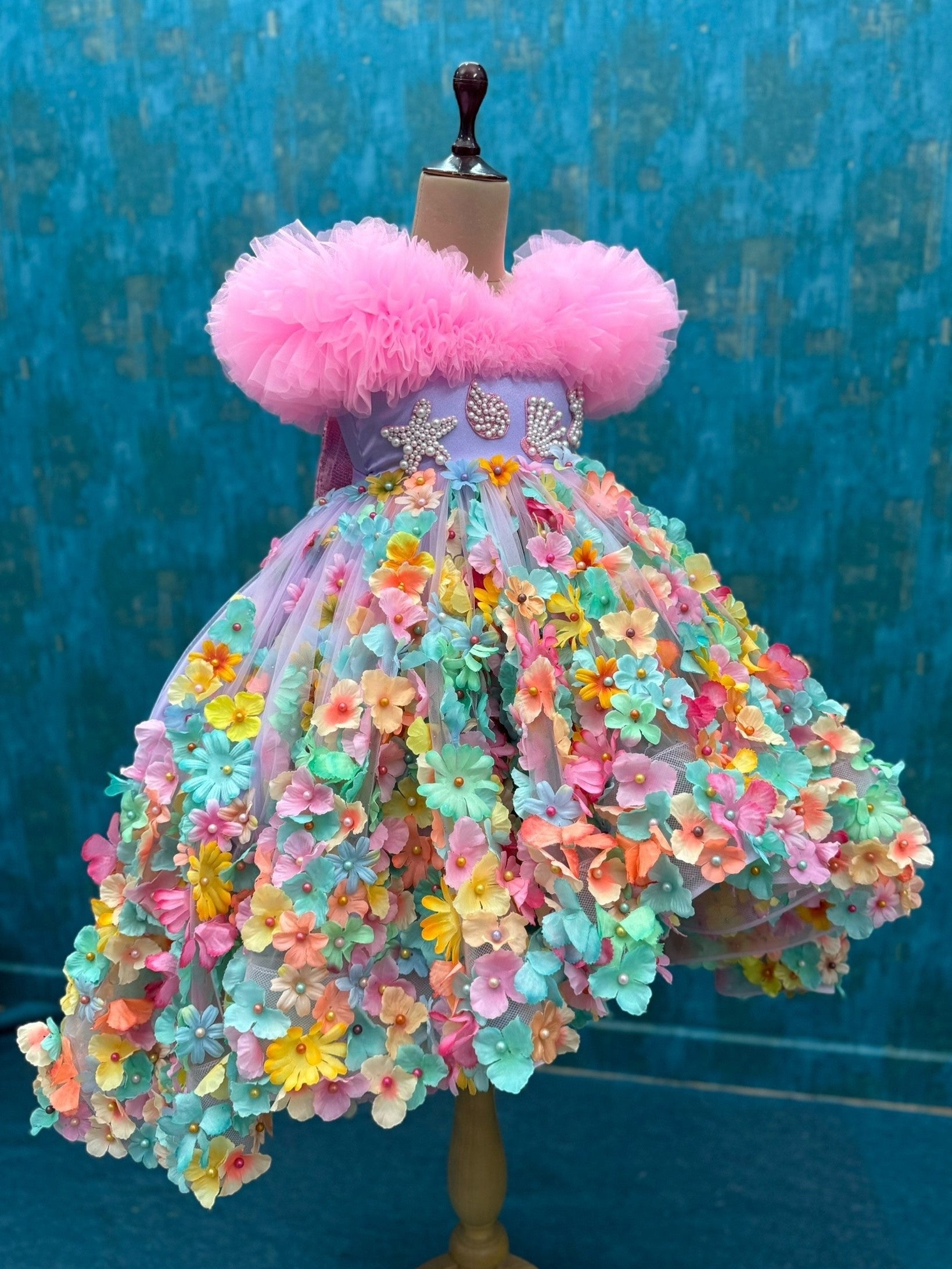 Multi Colour Floral High Low Gown with Pink Ruffle Top