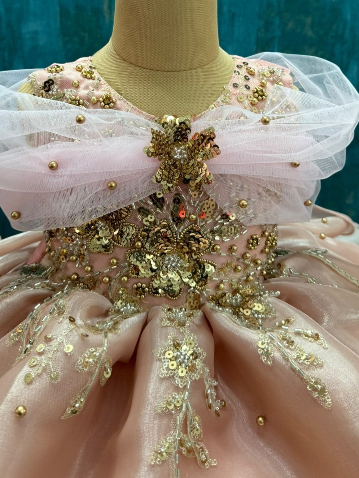 Rose Gold Organza Layered Gown with Gold work