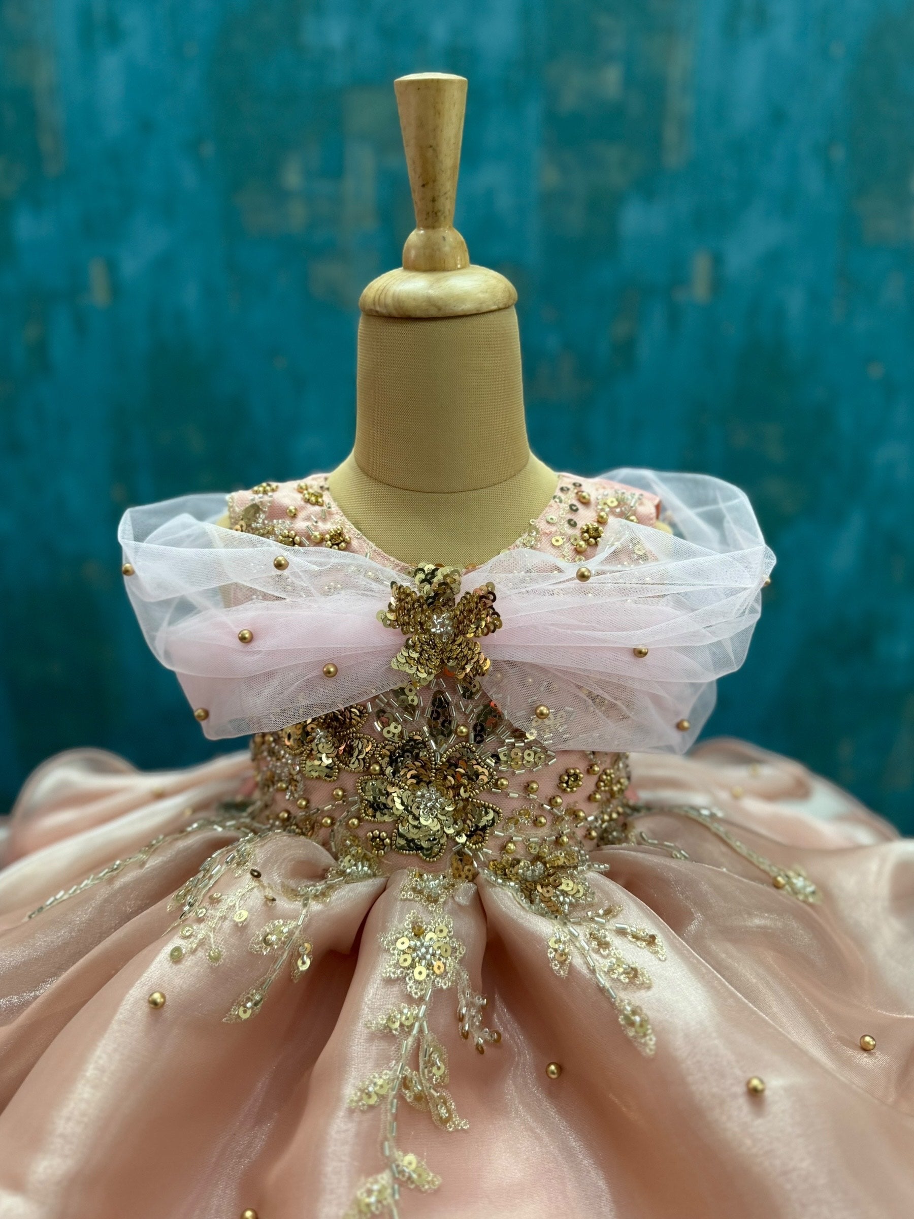 Rose Gold Organza Layered Gown with Gold work