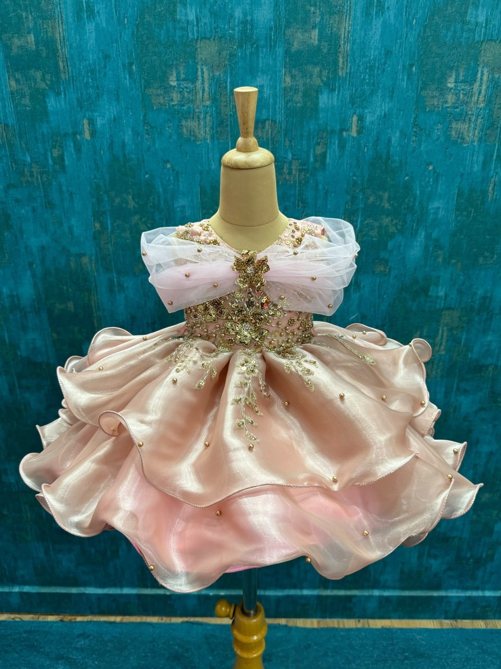 Rose Gold Organza Layered Gown with Gold work 3-4Y