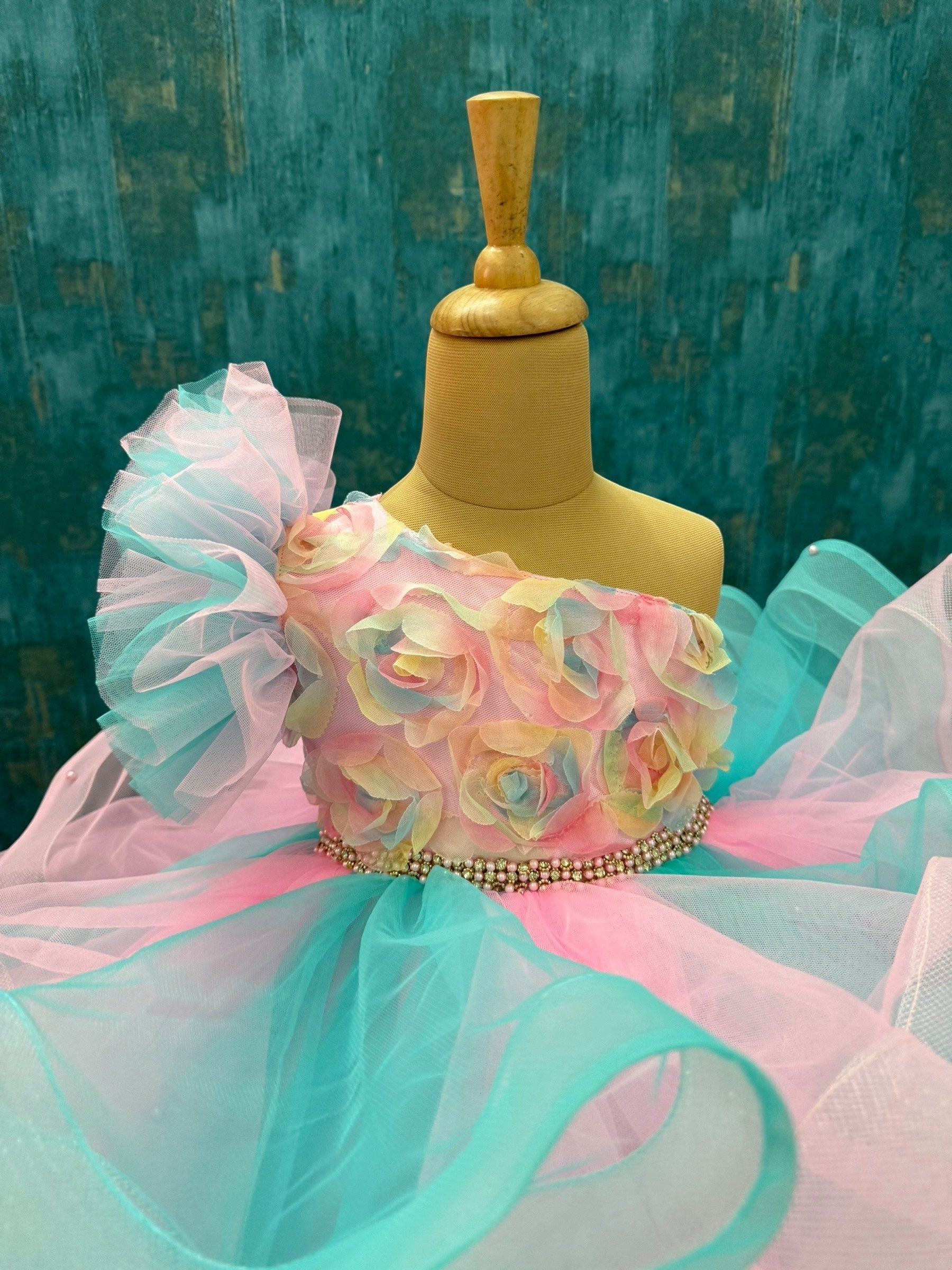 Pink and turquoise floral Ruffle Gown With One Side Shoulder