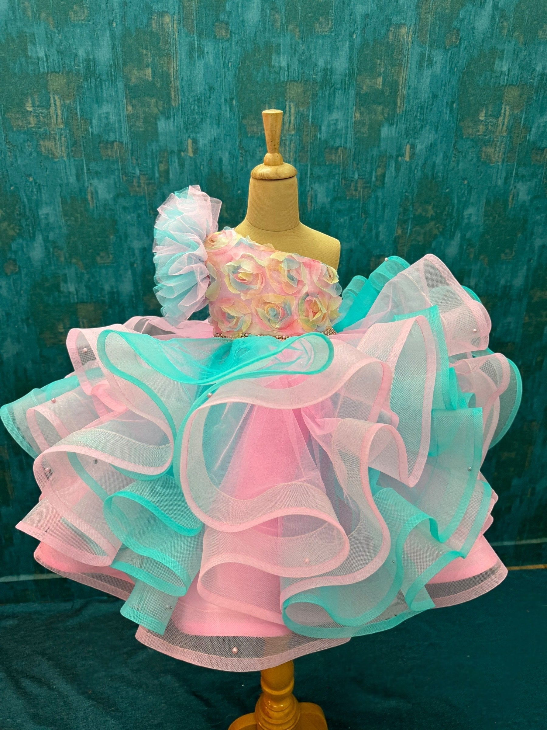 Pink and turquoise floral Ruffle Gown With One Side Shoulder