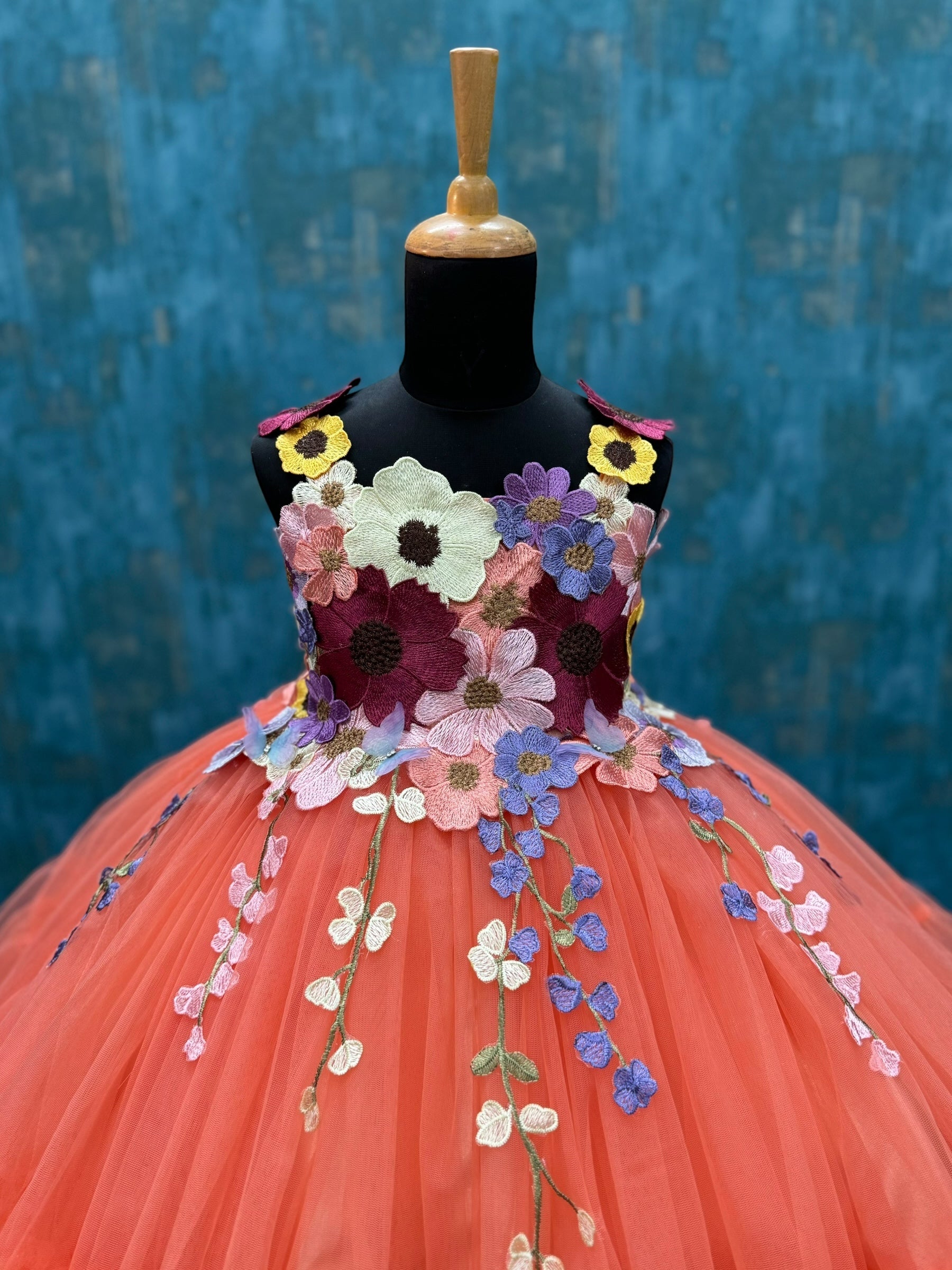 Peach Fairy Garden Floral Ball gown with 3d butterflies