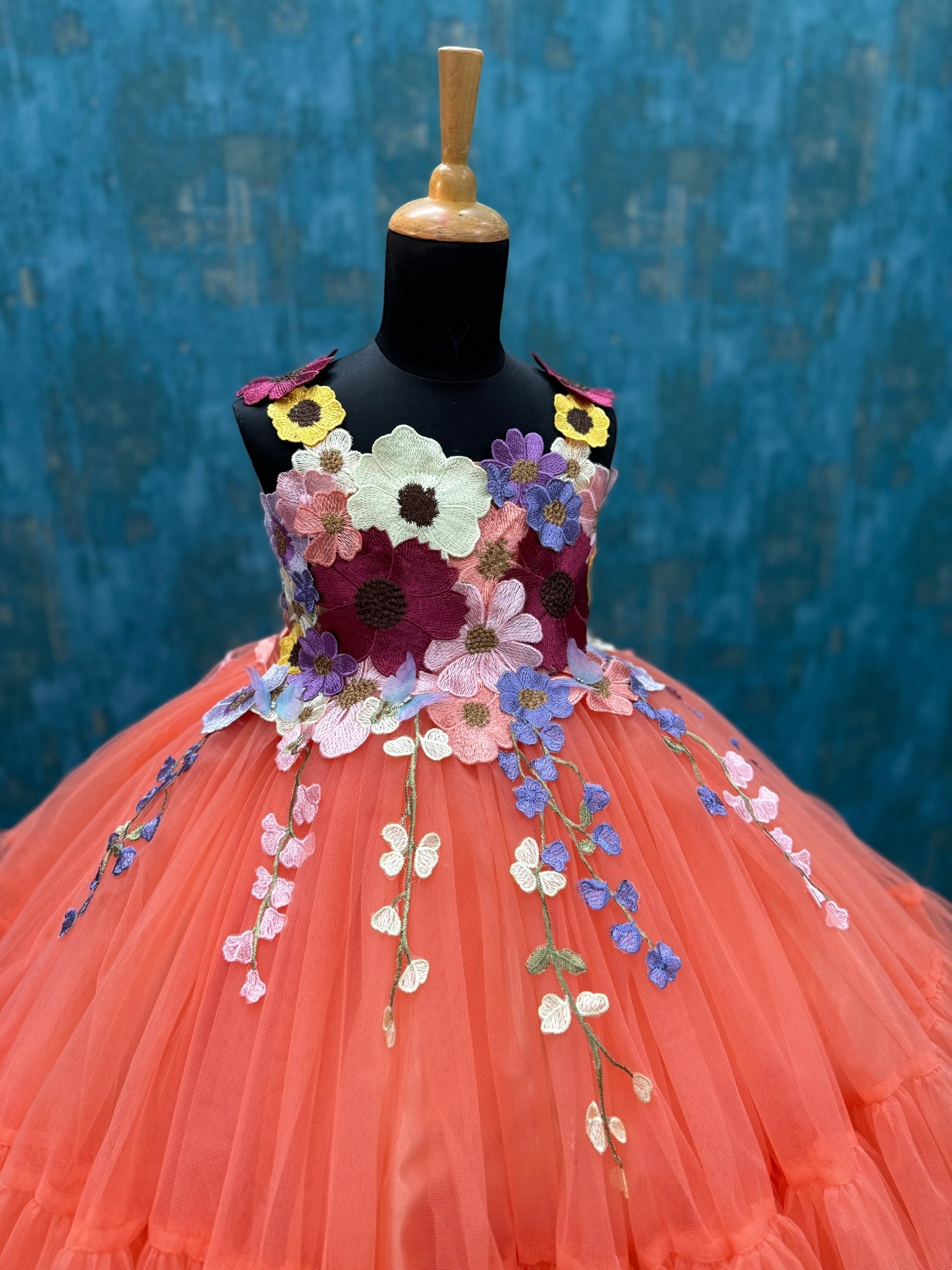 Peach Fairy Garden Floral Ball gown with 3d butterflies