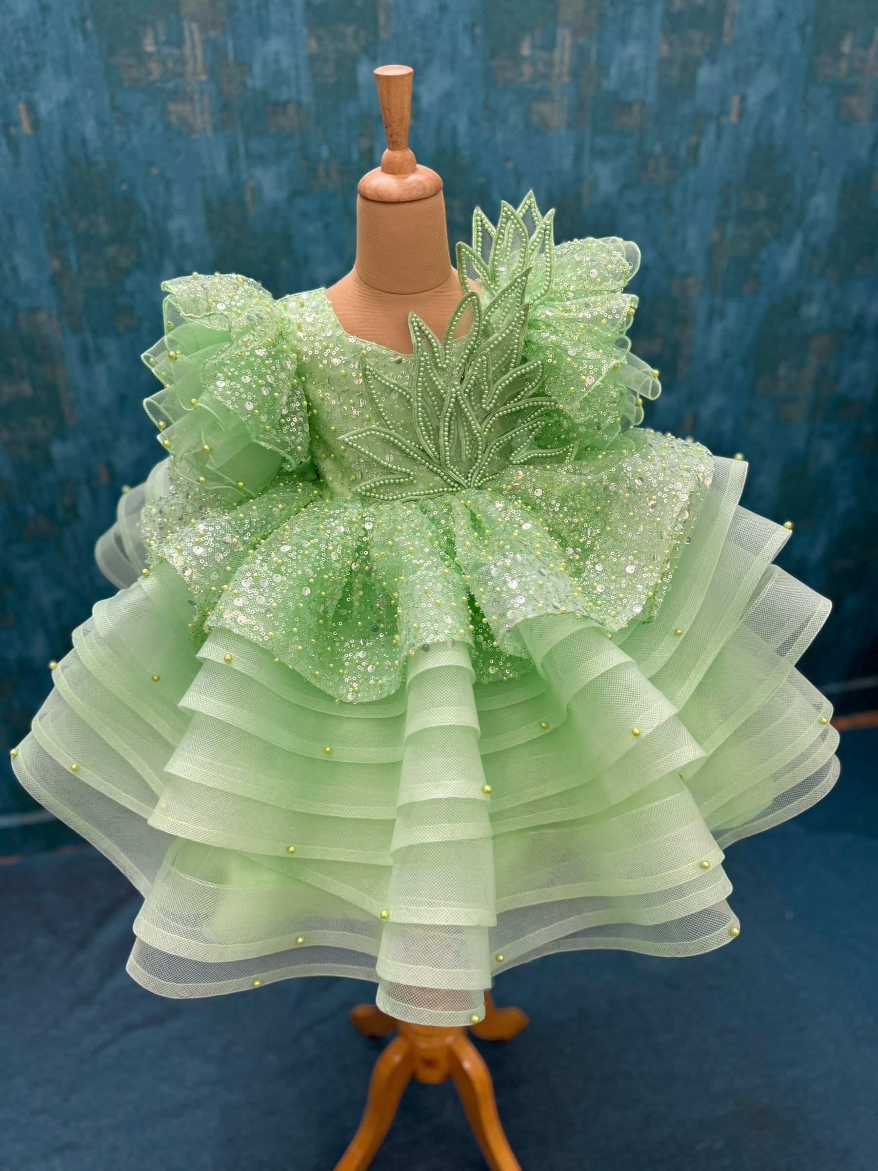 Mint Layer Sequin Ball Gown With Interacted Work