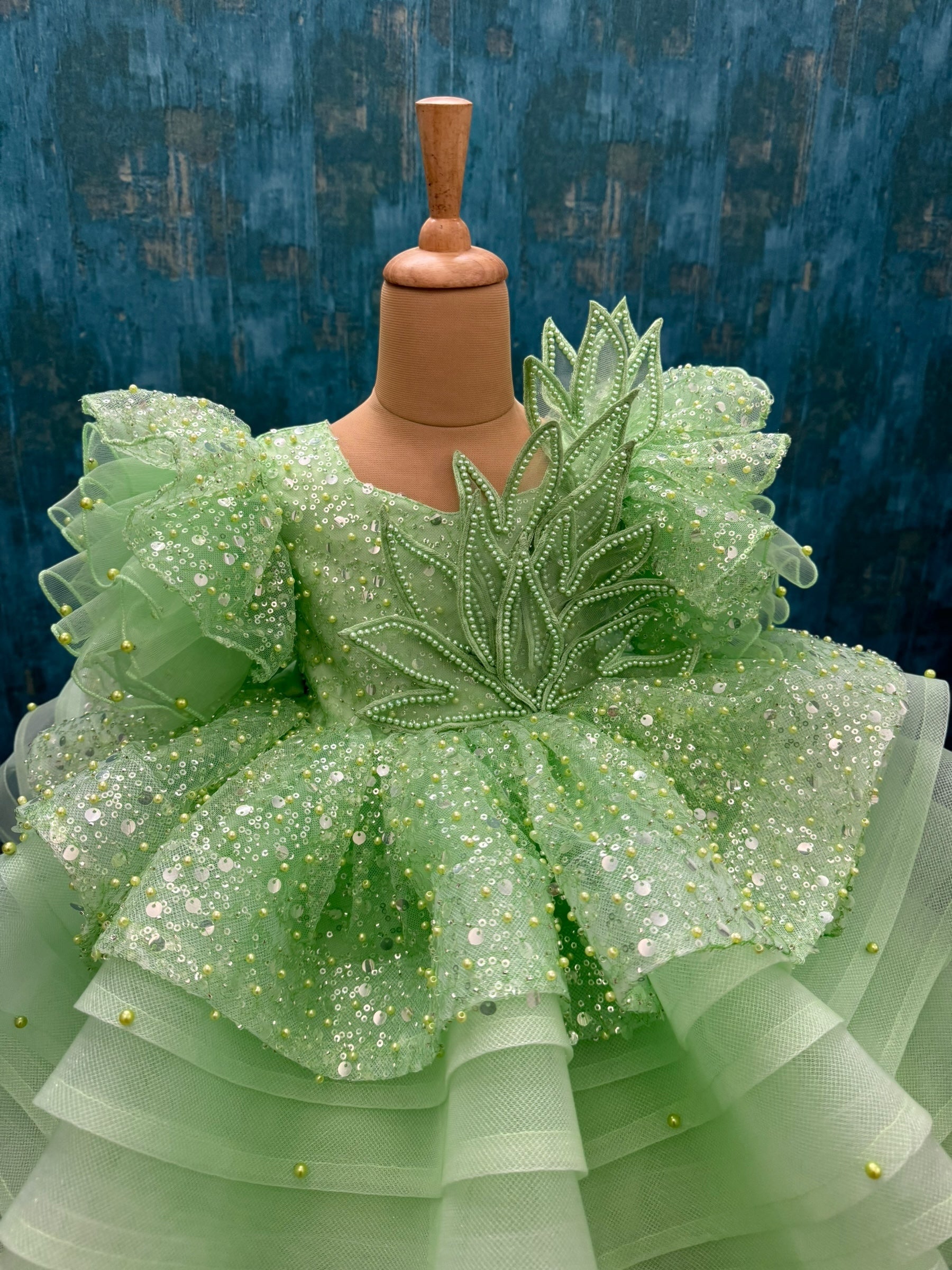 Mint Layer Sequin Ball Gown With Interacted Work