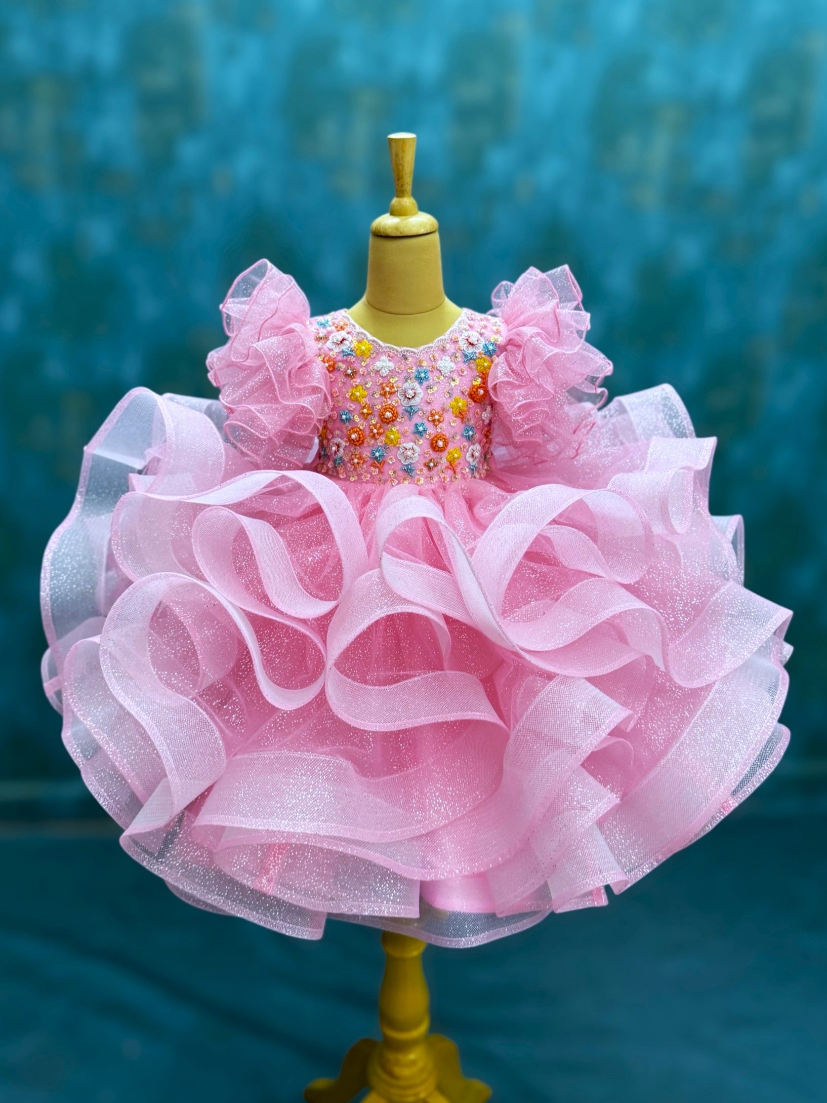Pink Glitter Ruffle Ball Gown With Intricated Hand Work