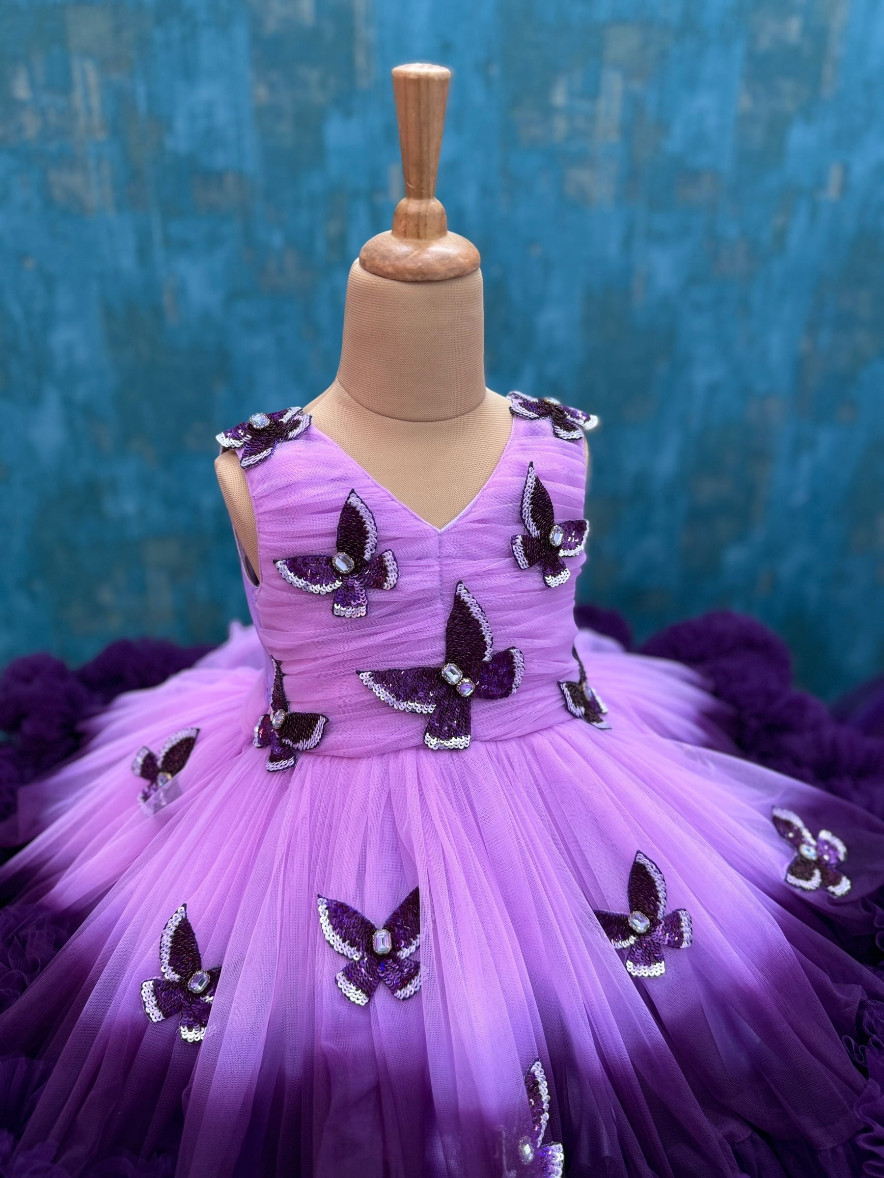 Lavender and purple double Shade couture gown with hand crafted Butterfly