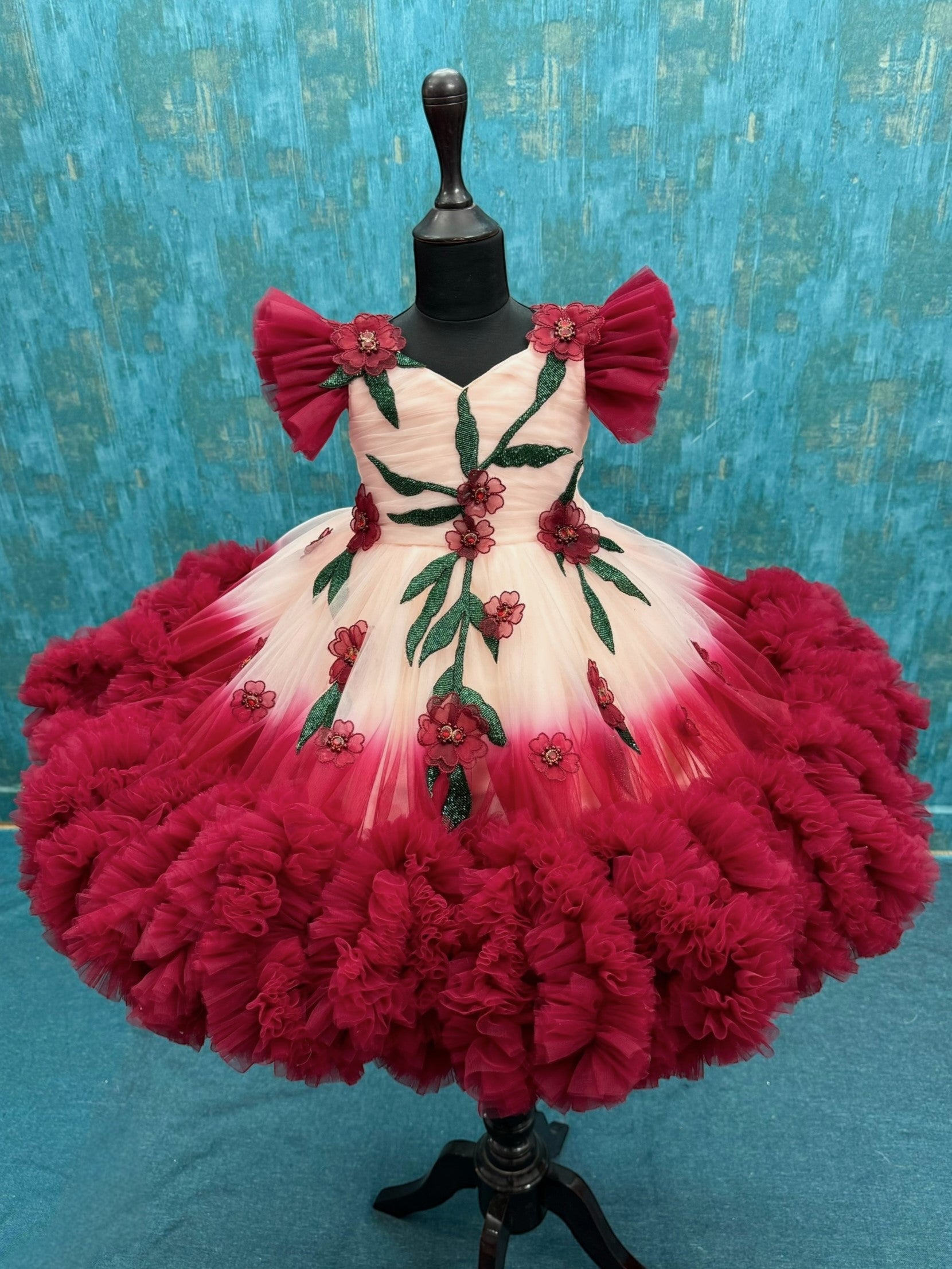 Peach And Maroon double shade couture gown with hand crafted flowers and leaves