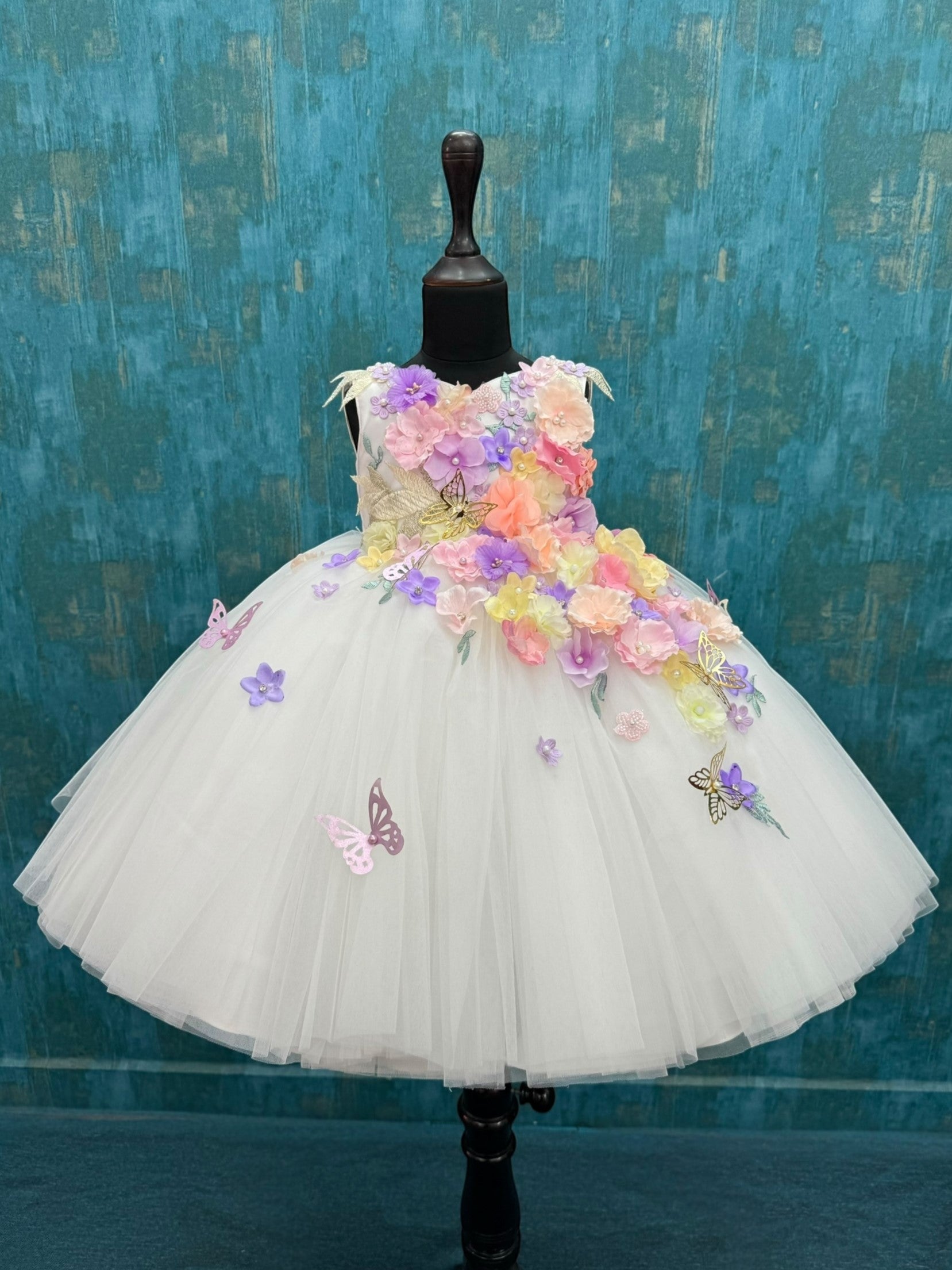 White 3D Ball Gown With Back Butterfly