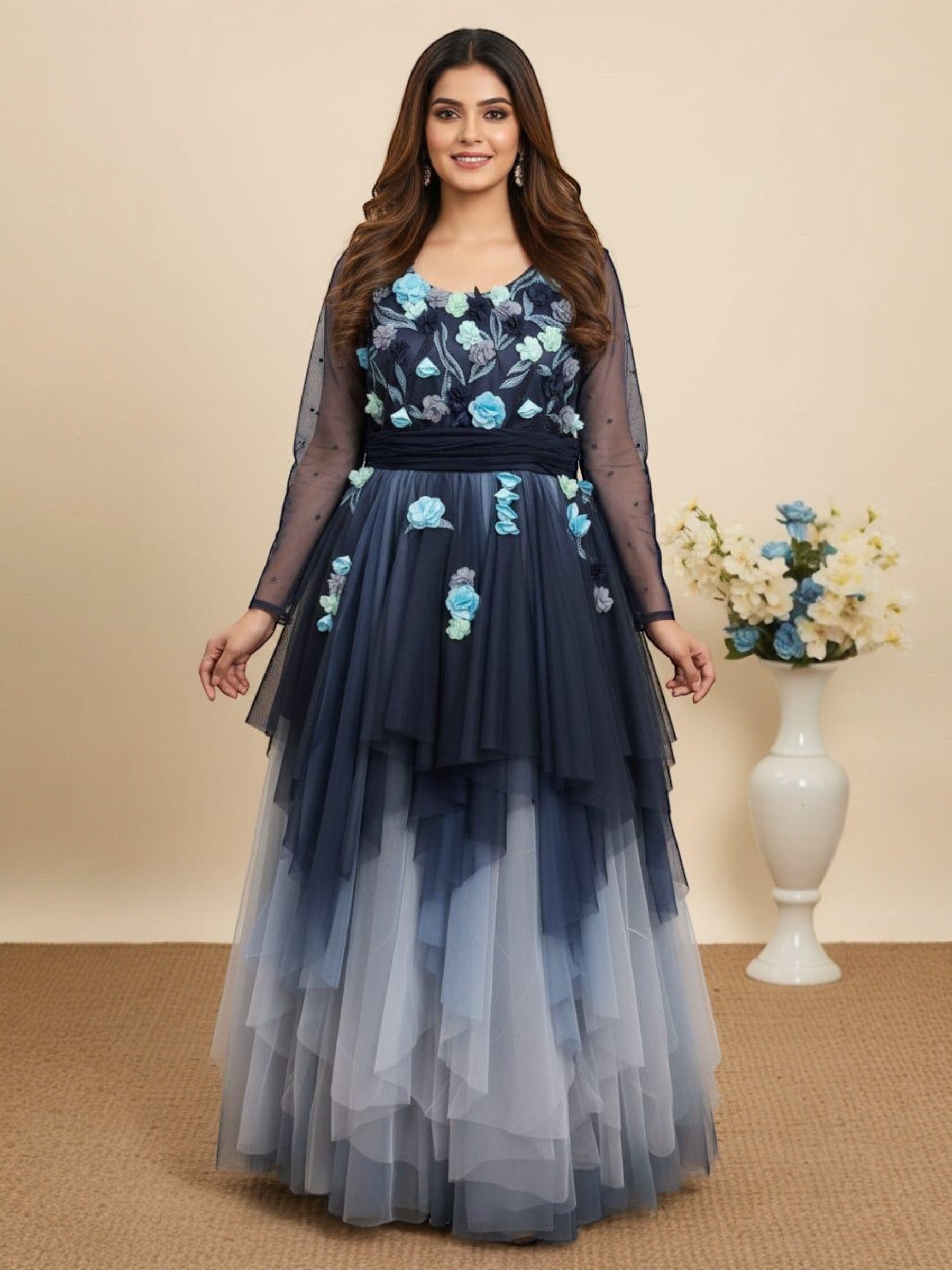 BLUE OMBRE FLORAL FLOUNCE GOWN WITH NETTED SLEEVES
