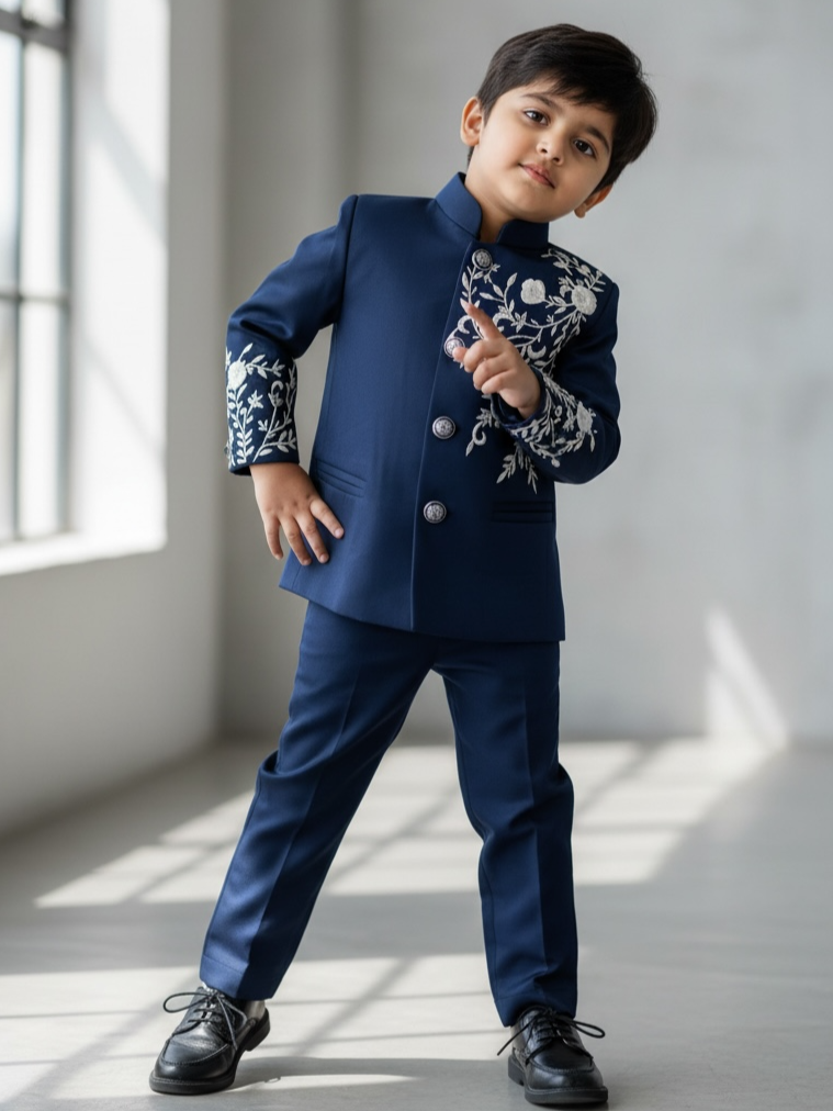 Midnight Blue Premium Fabric Silver Garden Embroidery Designer Prince Jacket