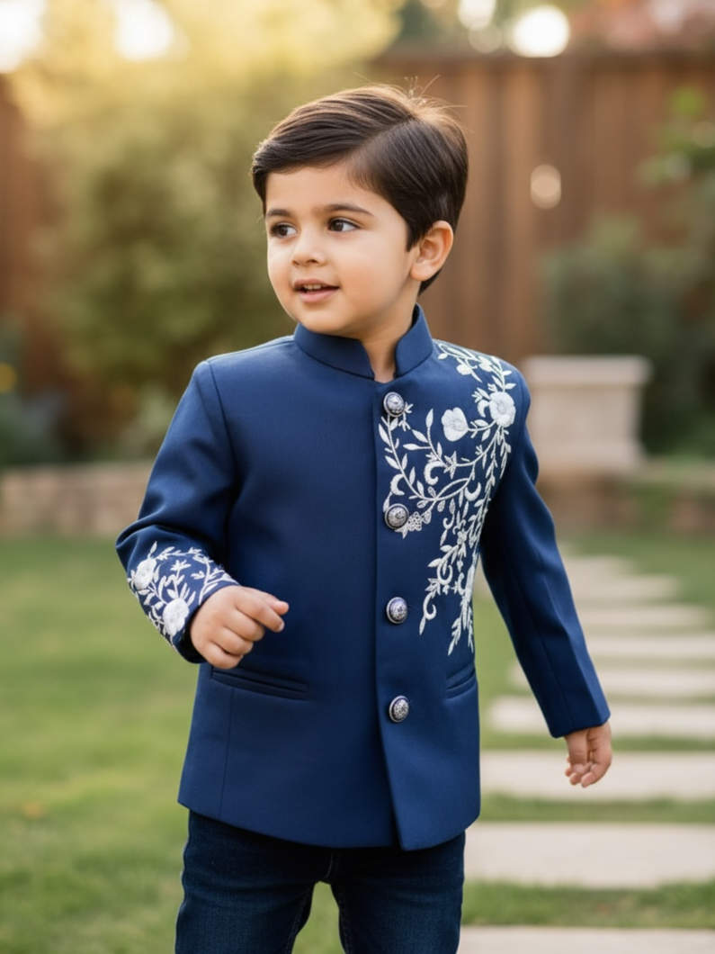 Midnight Blue Premium Fabric Silver Garden Embroidery Designer Prince Jacket