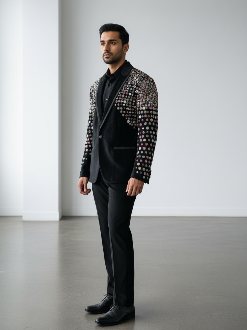 Eclipse Royale Black Velvet Multicolour Sequin Couture Blazer