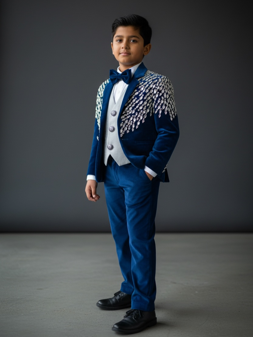 Deep Blue Velvet Crystal Cascade Designer Evening Blazer Suit