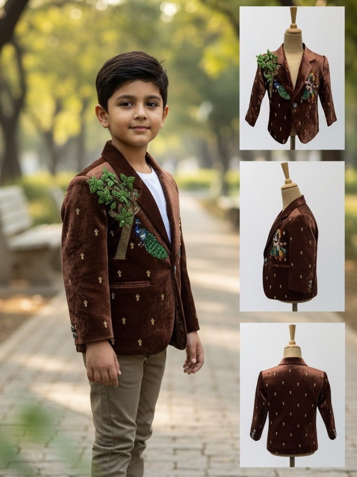 Chocolate Brown Velvet Krishna Peacock Garden Couture Blazer Jacket
