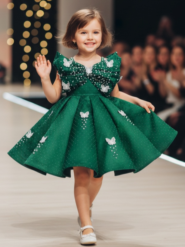 Royal Green Butterfly Pearl-Studded Silk-Textured Party Princess Ball Gown