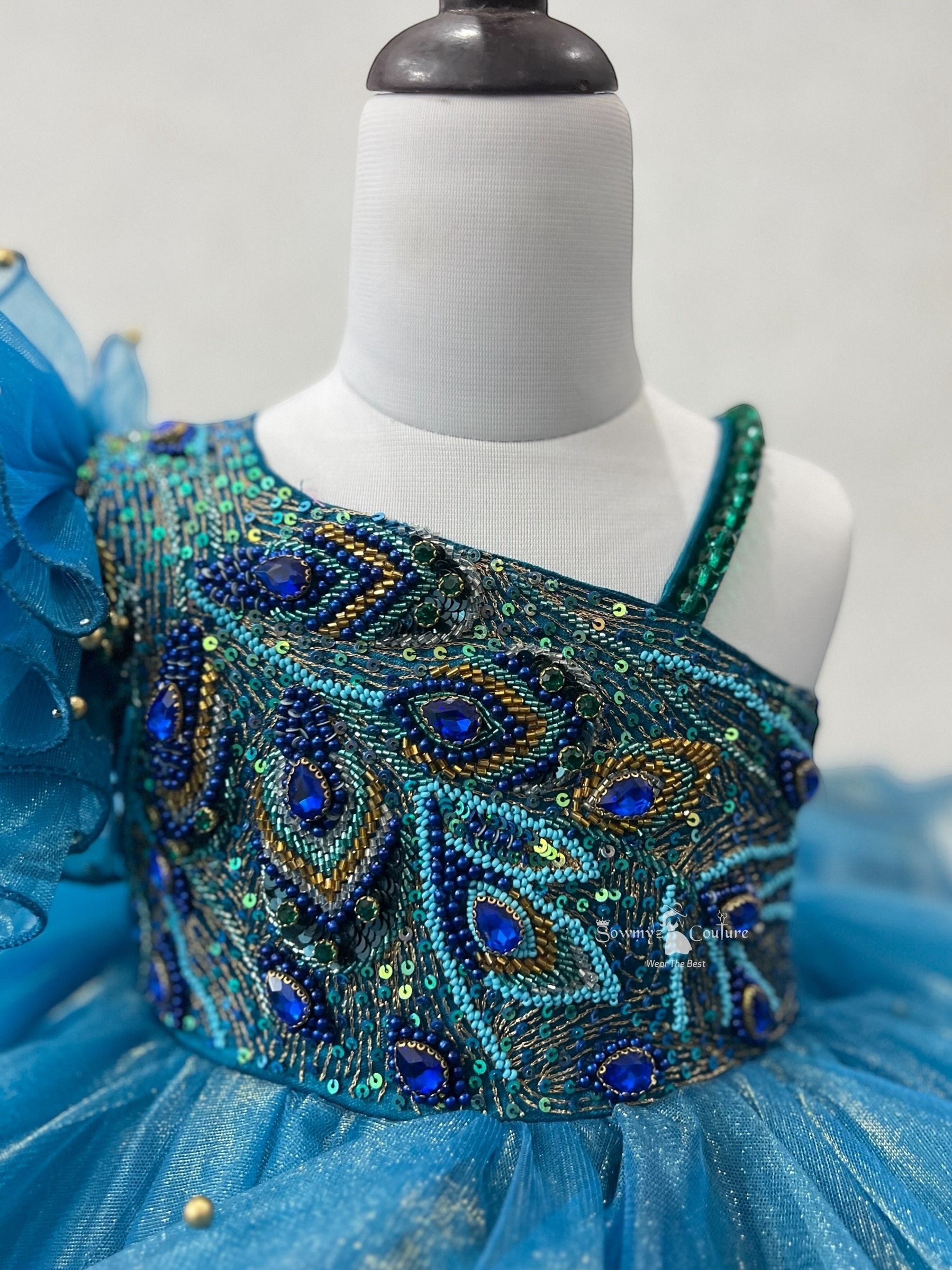 Oceanic Peacock Jewel One-Shoulder Ruffle Princess Designer Dress